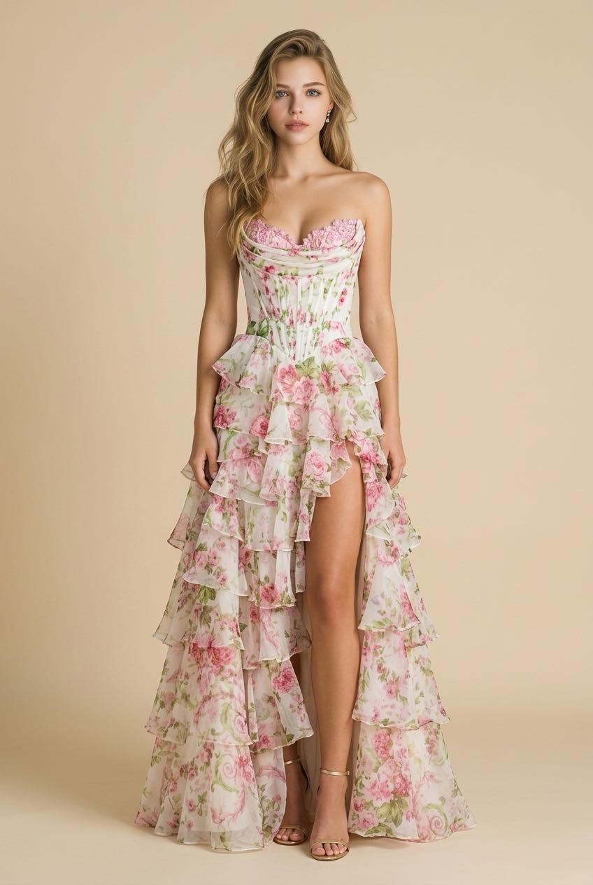 #3714 Strapless floral gown with chiffon ruffle skirt with slit. 