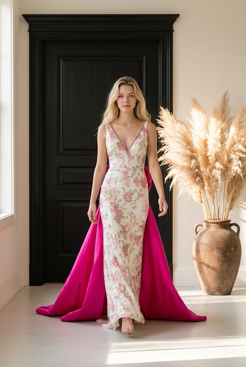 #3721 Fitted strapless brocade gown.