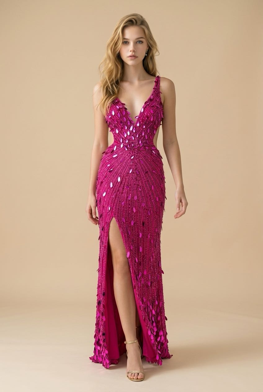 [Copy]couture lee #3730 #floor-length evening gown featuring a plunging V-neckline