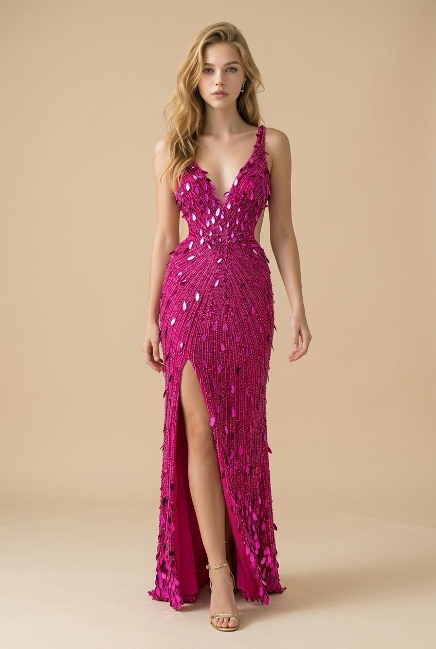 [Copy]couture lee #3730 #floor-length evening gown featuring a plunging V-neckline