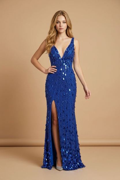 #3731  #floor-length evening gown featuring a plunging V-neckline