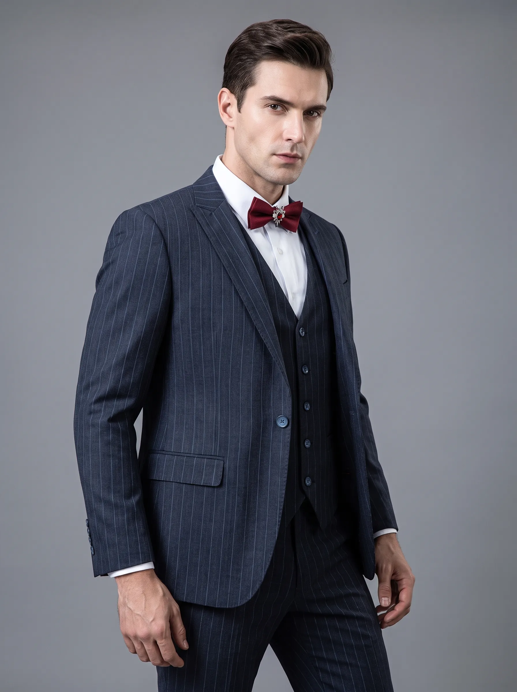 [Copy]Classic Navy Blue 3-Piece Formal Suit | Men's Modern Slim Fit Notch Lapel Business Tuxedo