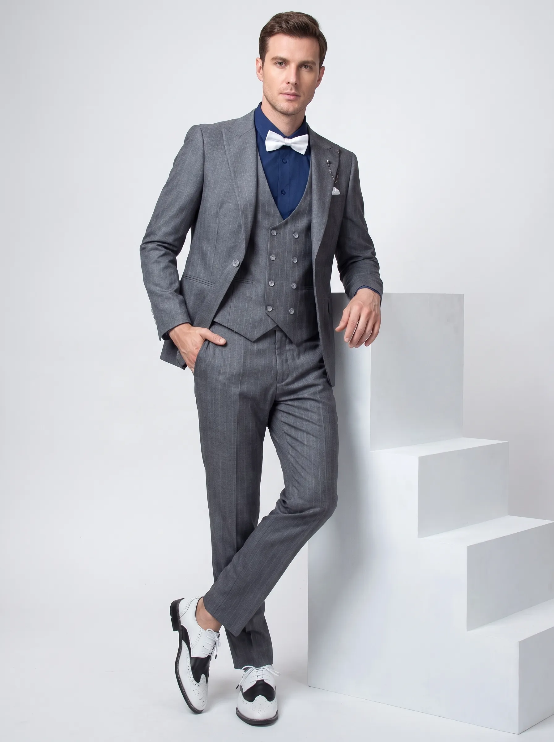 [Copy]Dapper Dark Plaid 3-Piece Formal Suit | Men's Slim Fit Double-Breasted Vest Notch Lapel Business Tuxedo