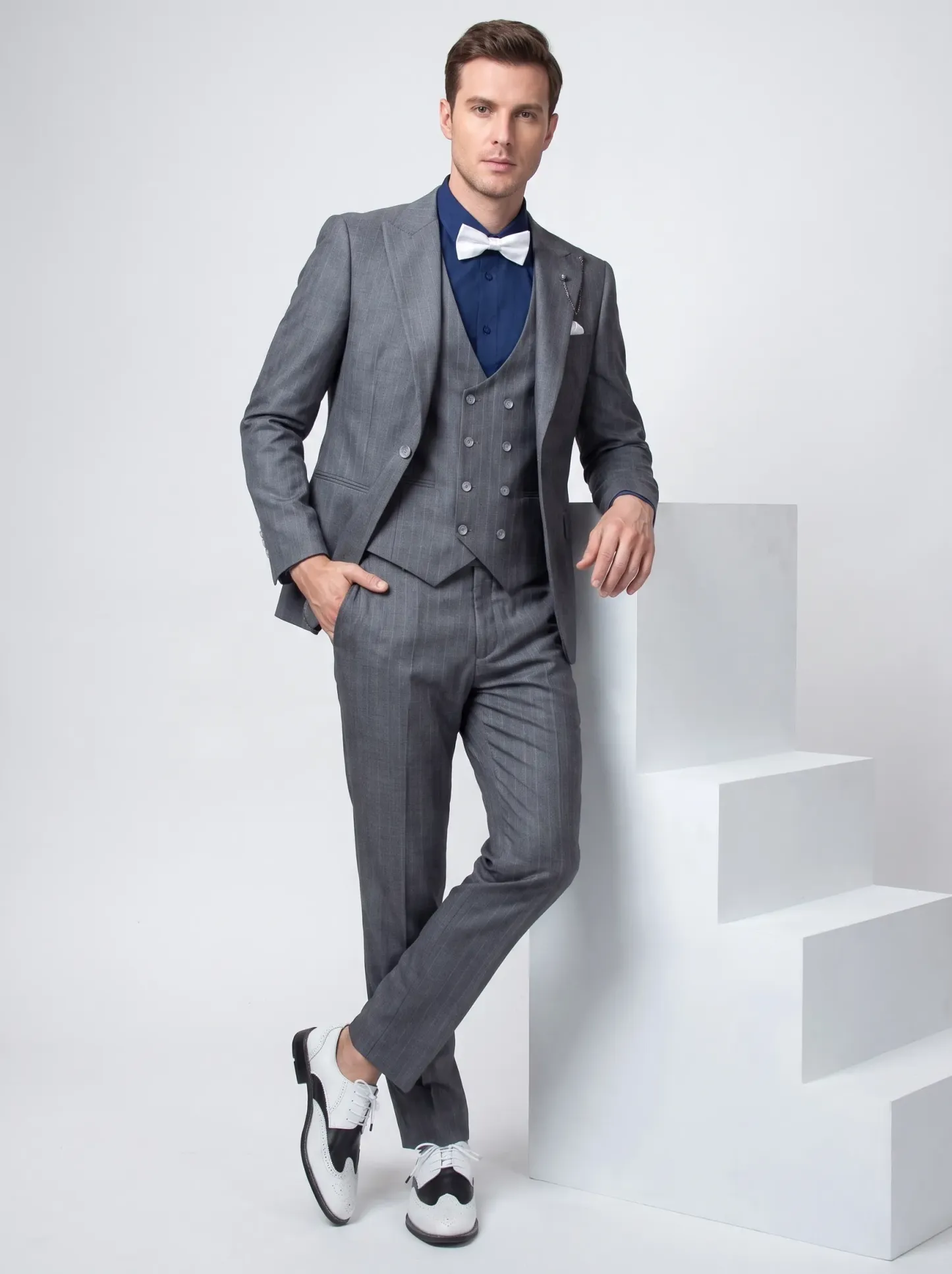 [Copy]Dapper Dark Plaid 3-Piece Formal Suit | Men's Slim Fit Double-Breasted Vest Notch Lapel Business Tuxedo