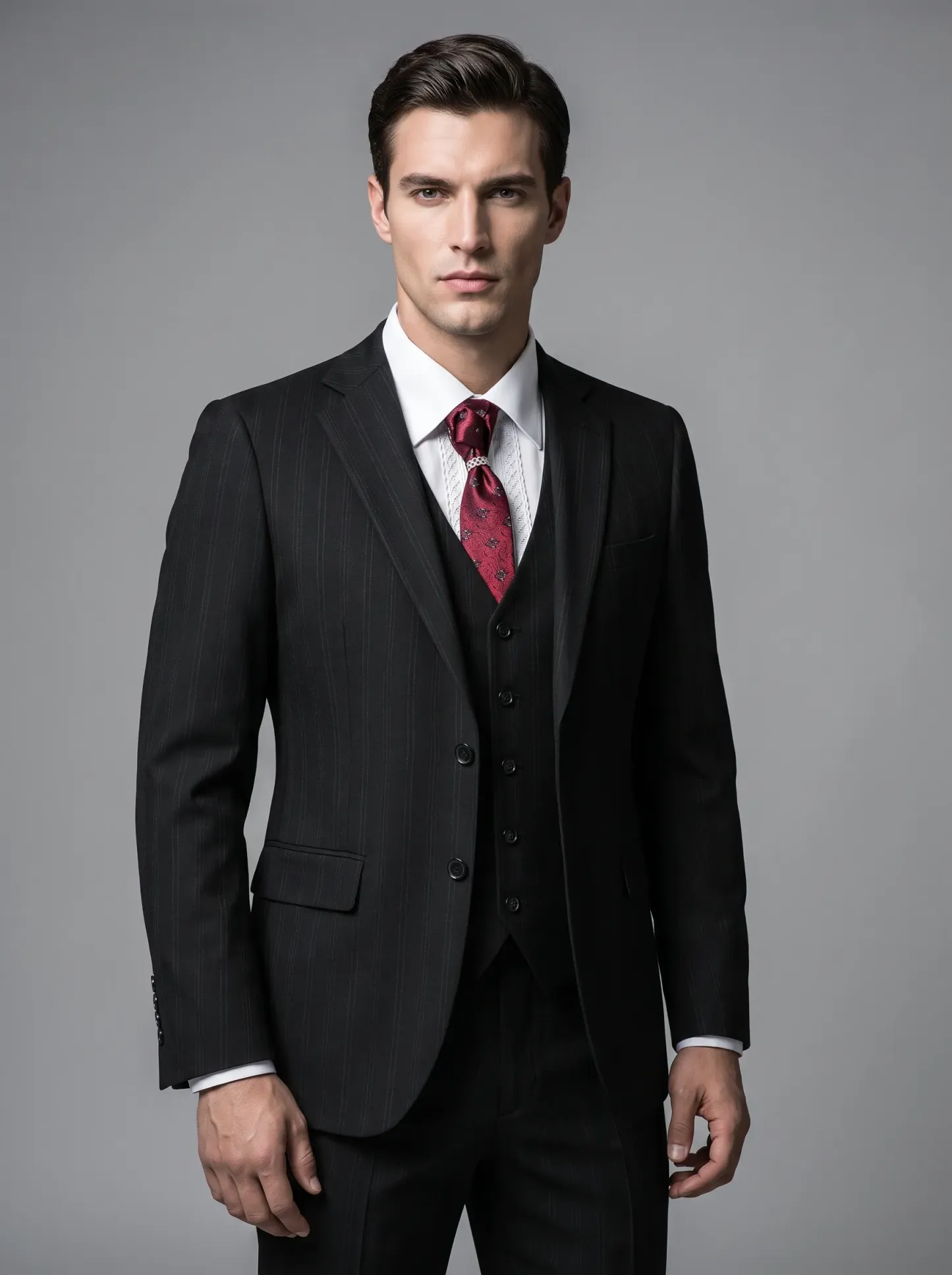 [Copy]Dapper Dark Charcoal Pinstripe 3-Piece Formal Suit | Men's Modern Slim Fit Notch Lapel Business Tuxedo