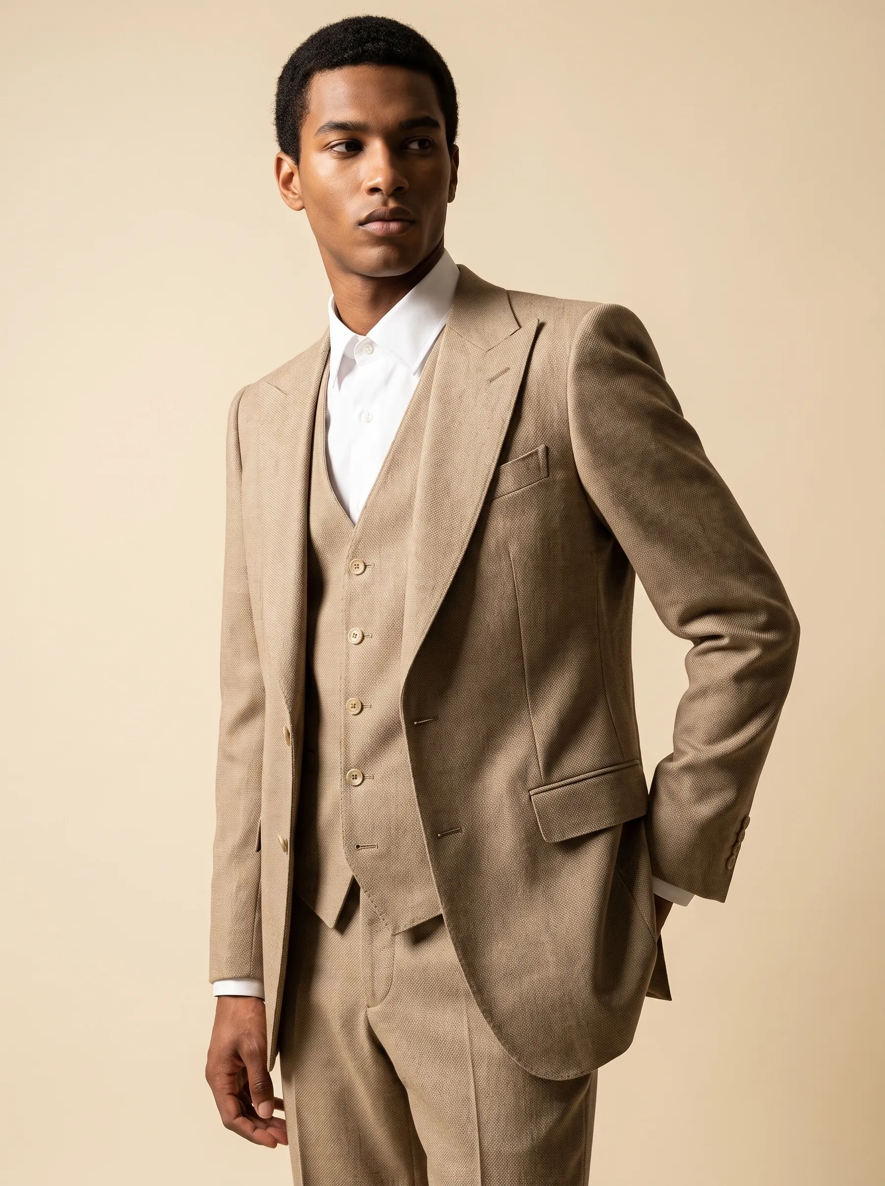 Dapper Beige Tan Textured 3-Piece Formal Suit | Men's Slim Fit Peak Lapel Business Tuxedo