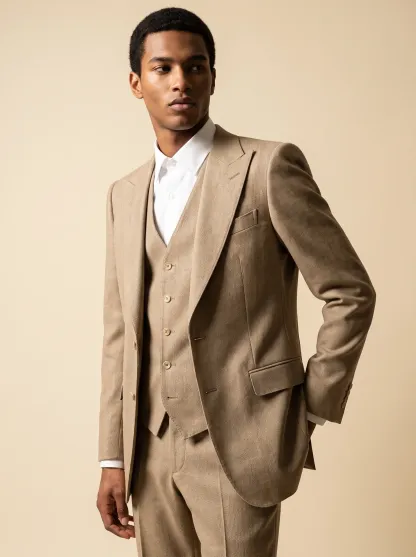Dapper Beige Tan Textured 3-Piece Formal Suit | Men's Slim Fit Peak Lapel Business Tuxedo