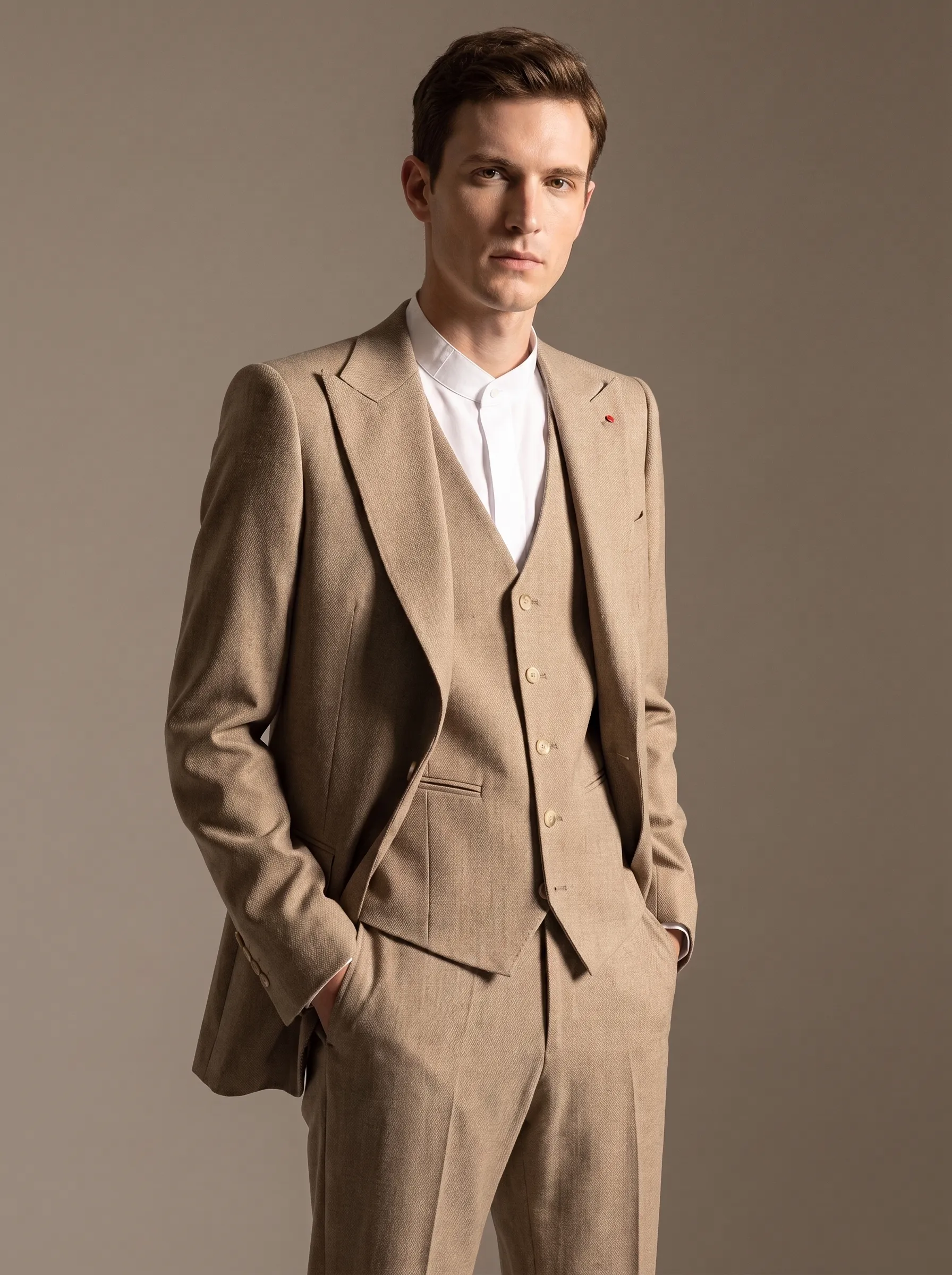 Dapper Beige Tan Textured 3-Piece Formal Suit | Men's Slim Fit Peak Lapel Business Tuxedo