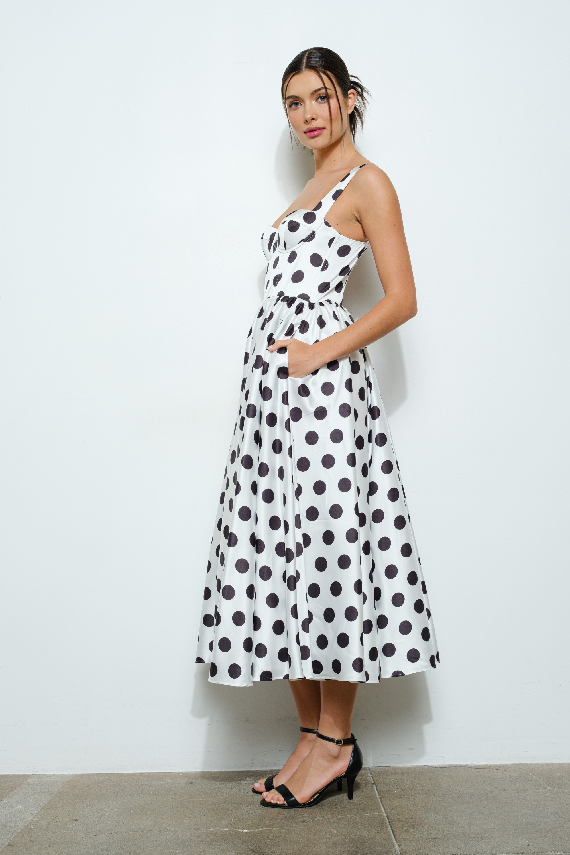 Sweetheart Polka Dot Bustier Midi Dress #23495729