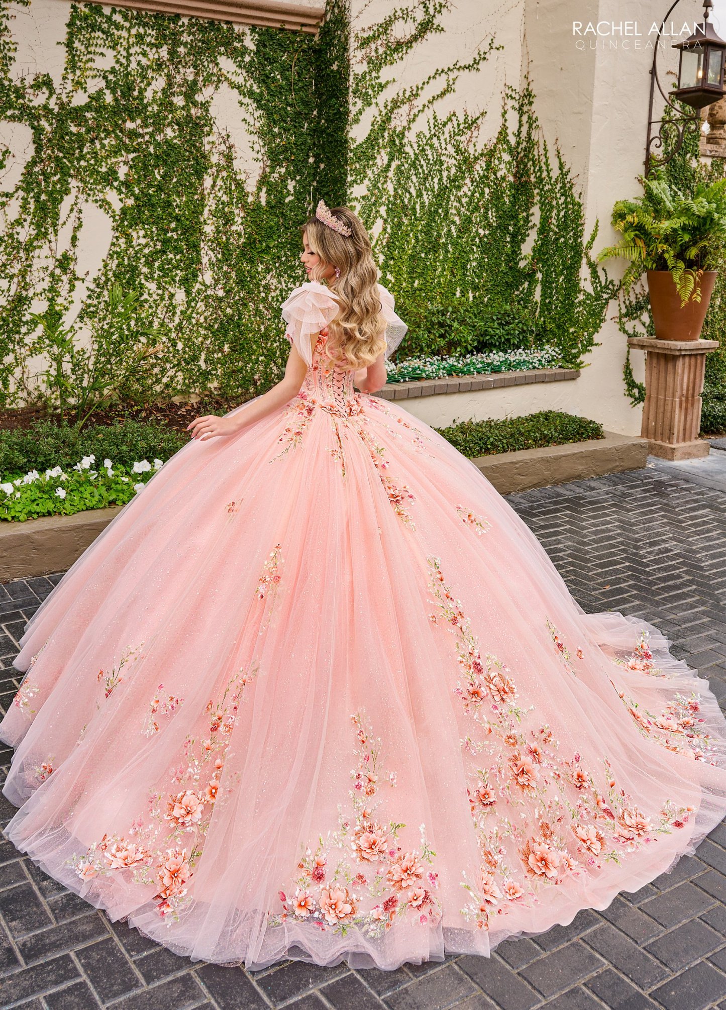 Glitter Tulle Flowers Applique Quinceanera Ball Gown #RQ3132