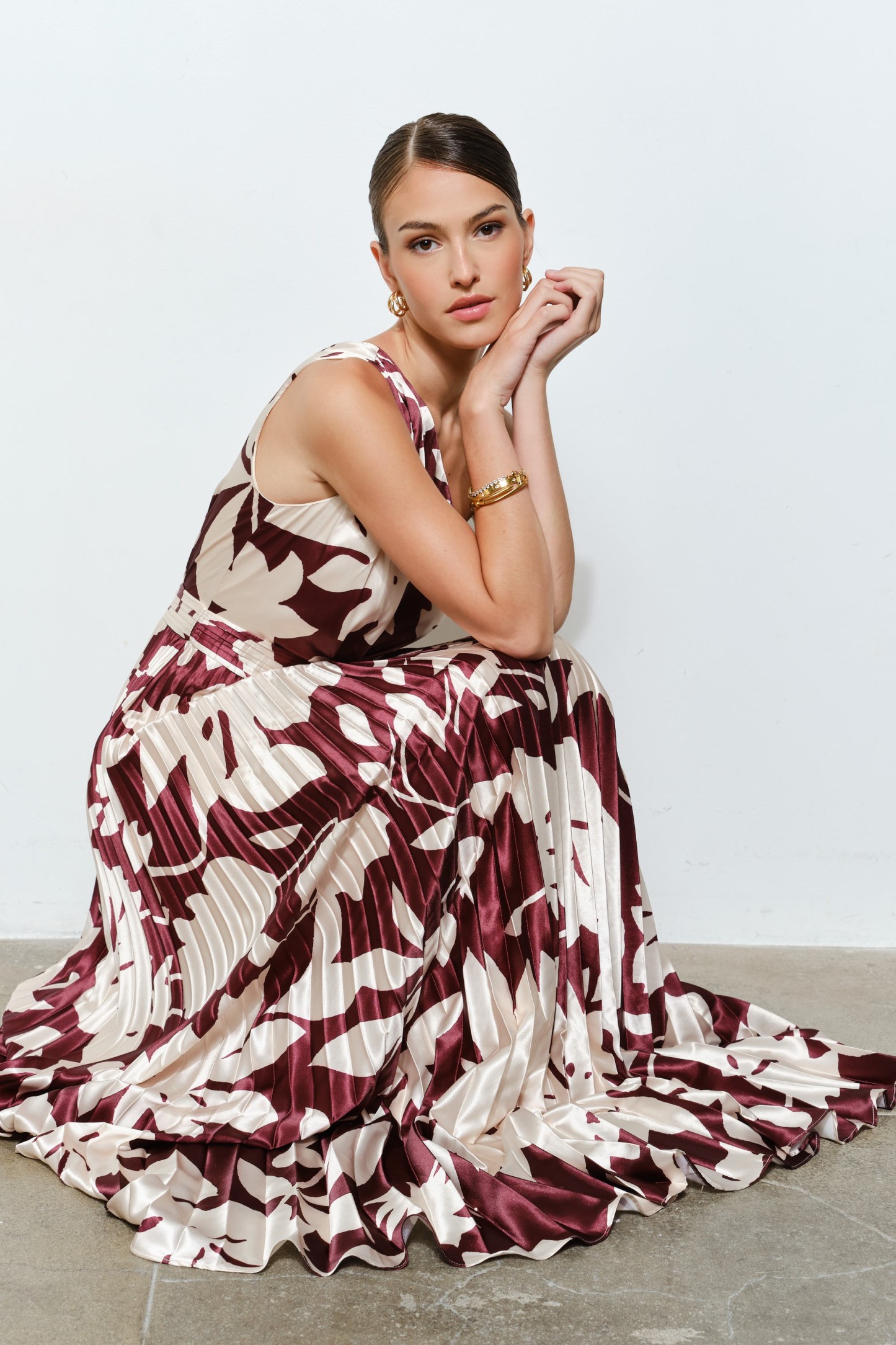 One Shoulder Satin Floral Print Pleated Maxi Dress