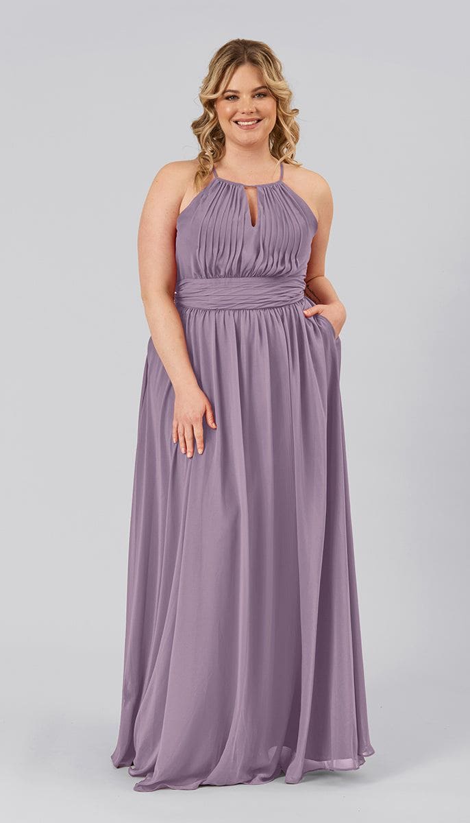 Flowy A-Line High Halter Spaghetti Straps Bridesmaid Dress With Keyhole
