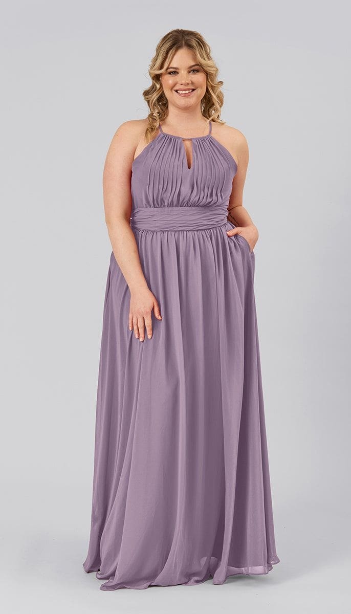 Flowy A-Line High Halter Spaghetti Straps Bridesmaid Dress With Keyhole