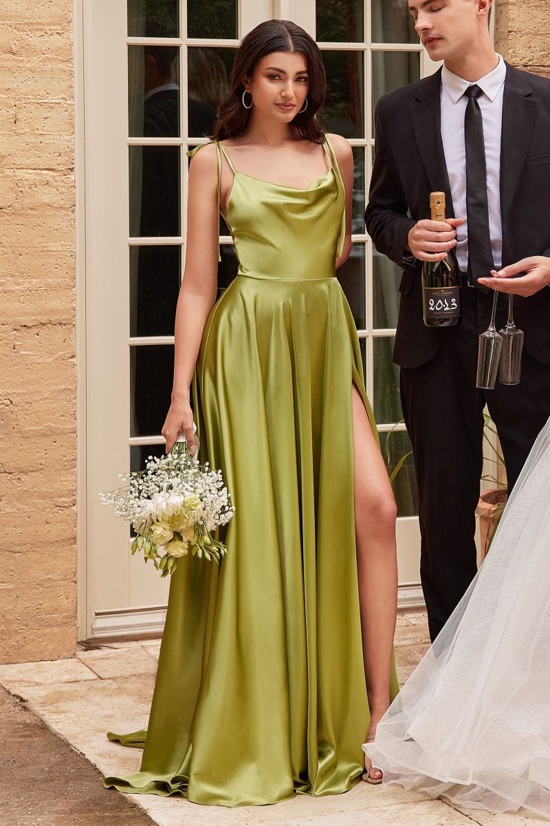 A-Line Adjustable Spaghetti Shoulder Ties Satin Bridesmaid Dress BD104