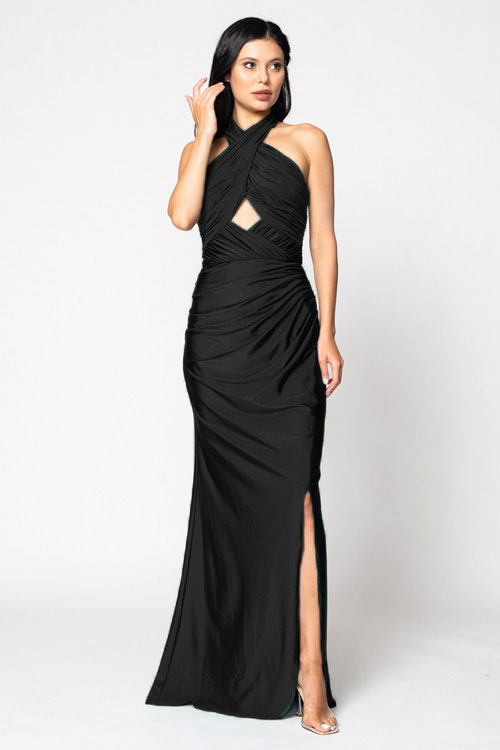 BARI JAY STYLE 2206 Halter Pleated Criss-Cross Bridesmaid Dress With Keyhole