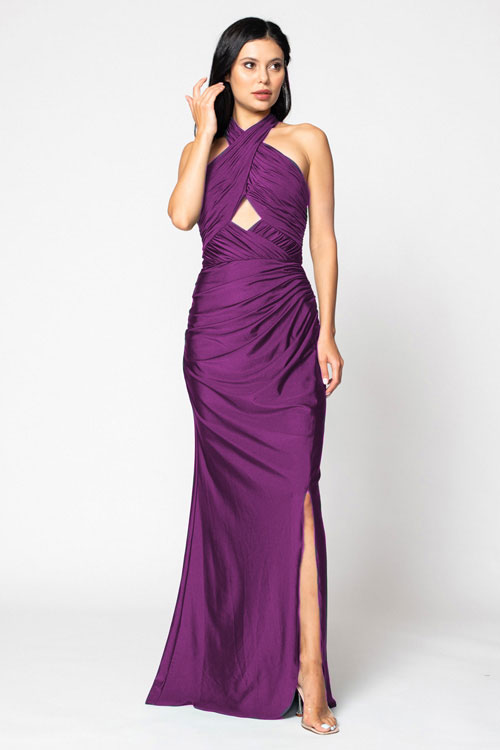 BARI JAY STYLE 2206 Halter Pleated Criss-Cross Bridesmaid Dress With Keyhole