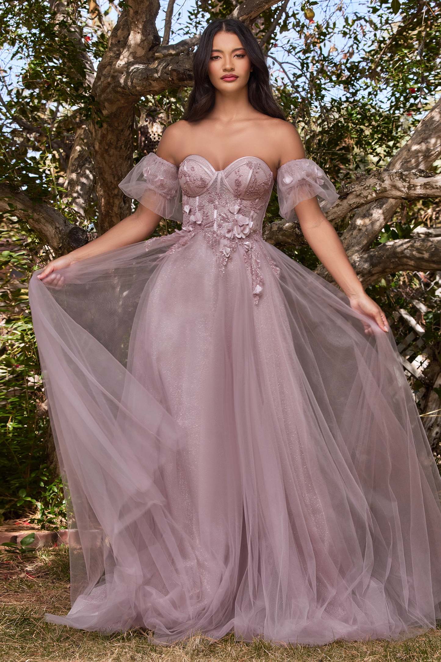 A-Line Strapless Floral Appliques Tulle Ball Gown #CB080