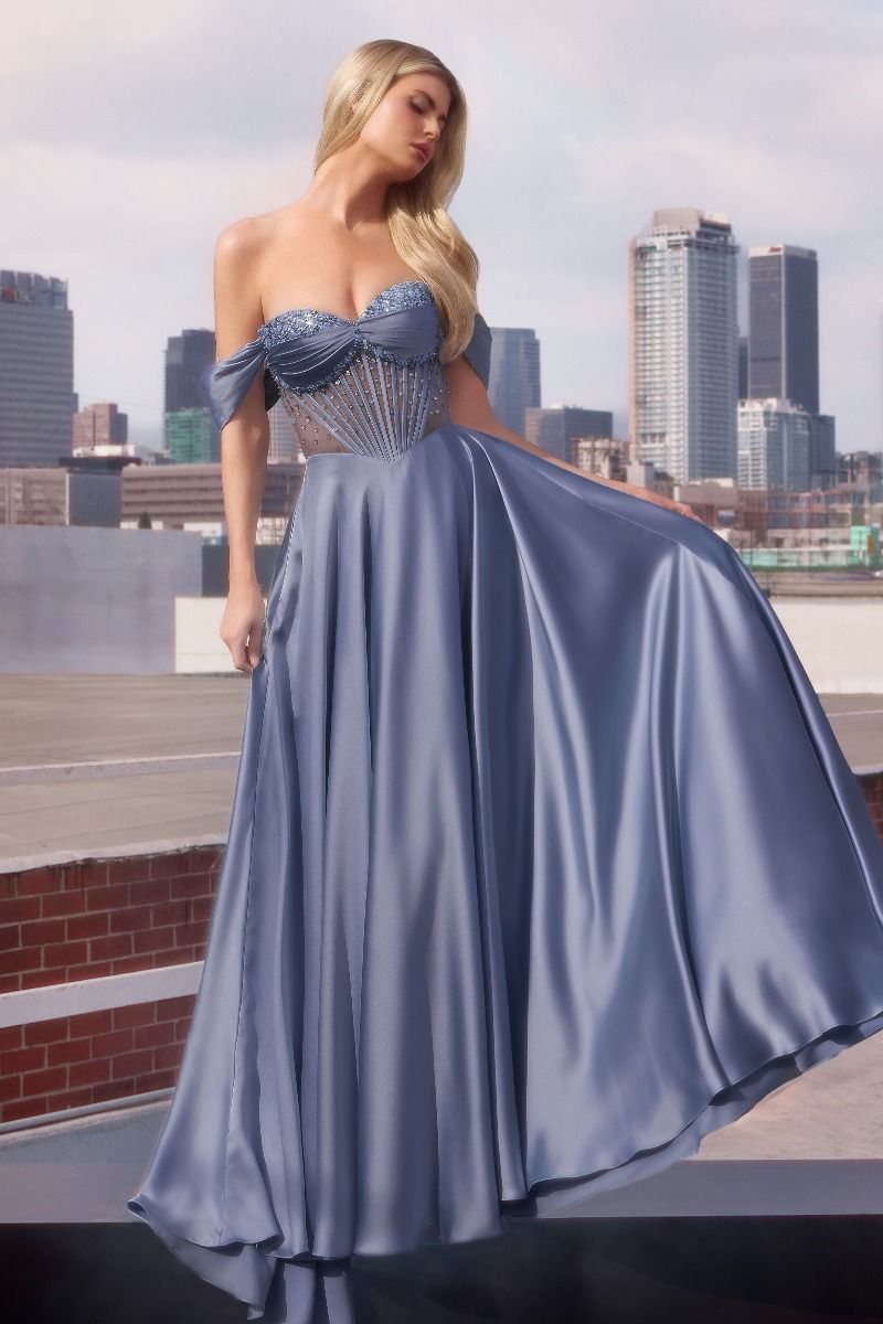 STRAPLESS BEADED SATIN A-LINE DRESS CD297