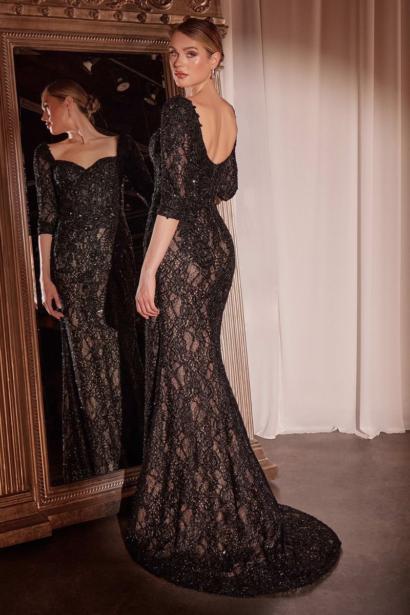Fitted Lone Sleeve Lace Prom Dress & Overskirt CD749