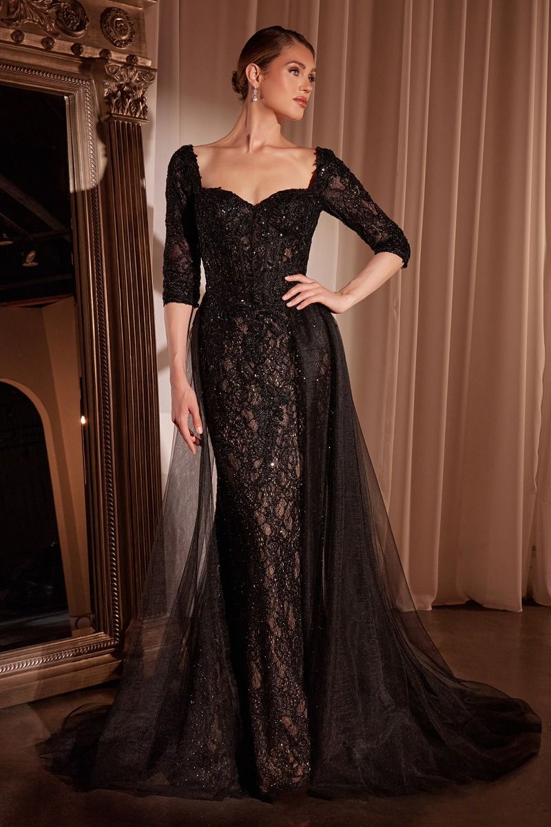 Fitted Lone Sleeve Lace Prom Dress & Overskirt CD749