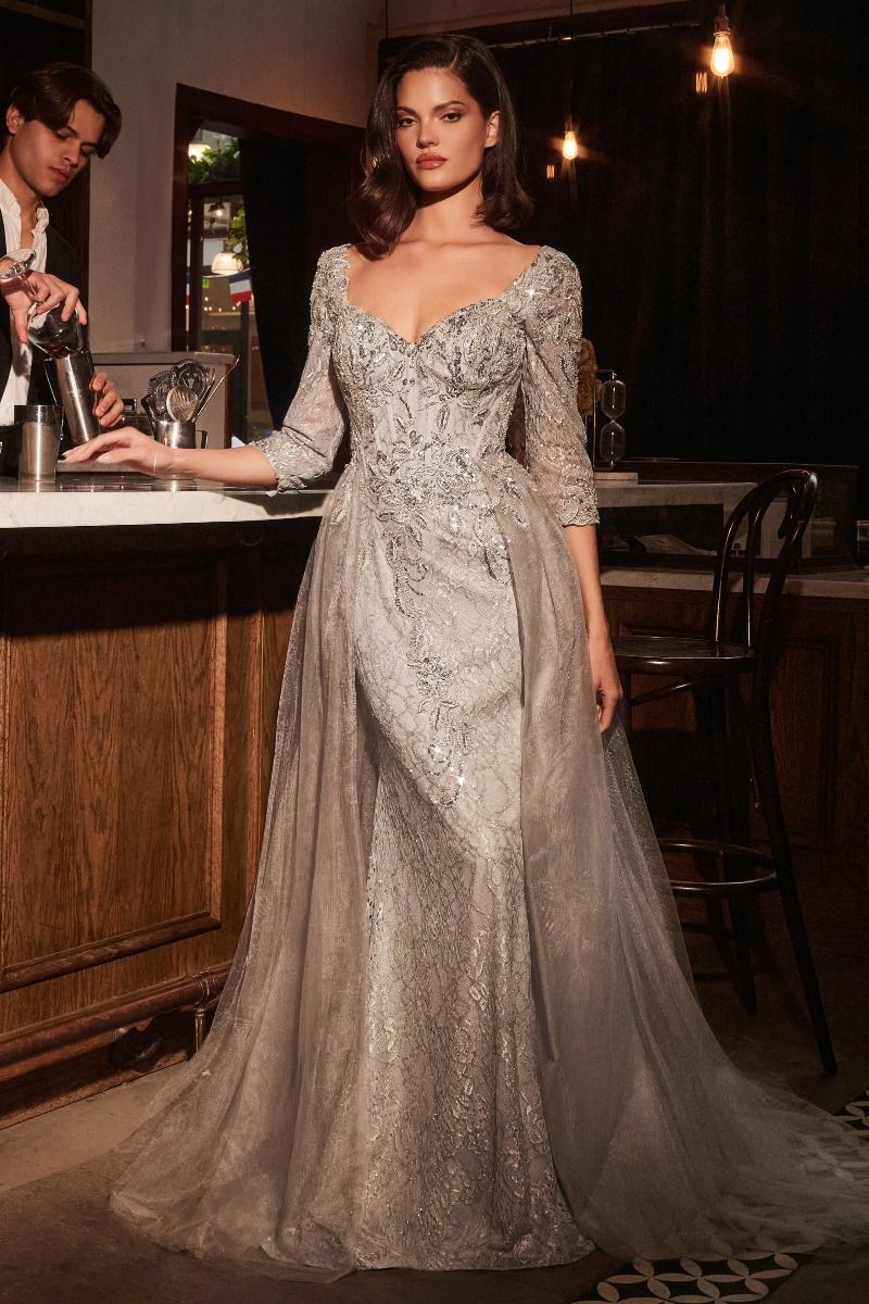 Fitted Lone Sleeve Lace Prom Dress & Overskirt CD749