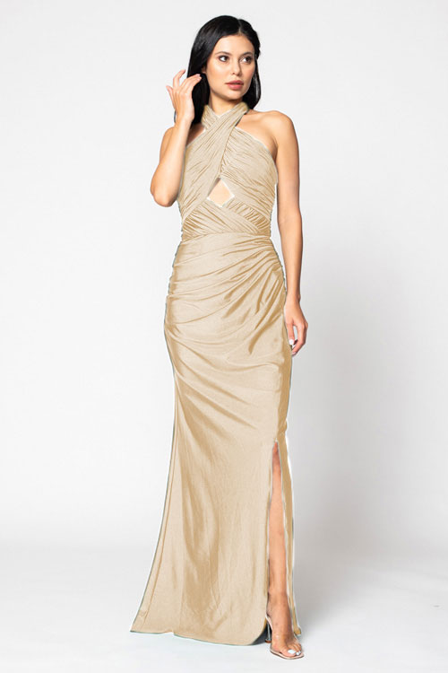 BARI JAY STYLE 2206 Halter Pleated Criss-Cross Bridesmaid Dress With Keyhole
