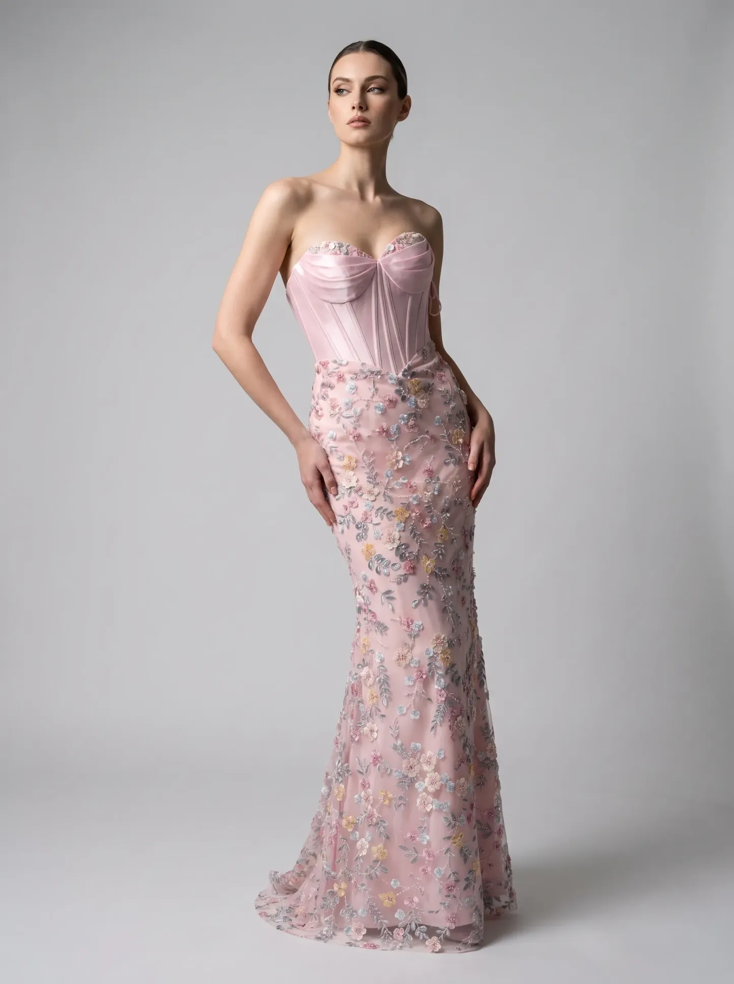 Pink Satin Corset Strapless 3D Floral Embroidered Mermaid Prom Dress with Lace-Up Back CLP7015