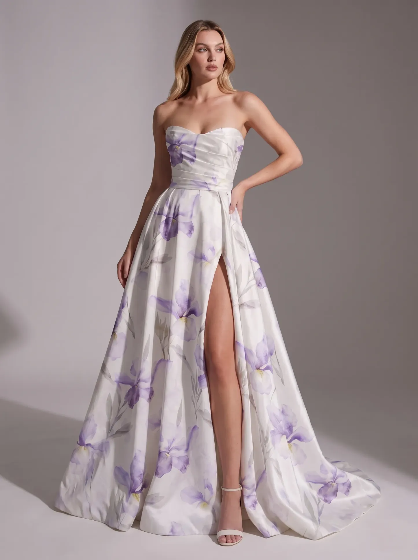 White Satin Purple Iris Print Strapless Sweetheart Pleated A-Line Prom Dress with Slit CLP7009