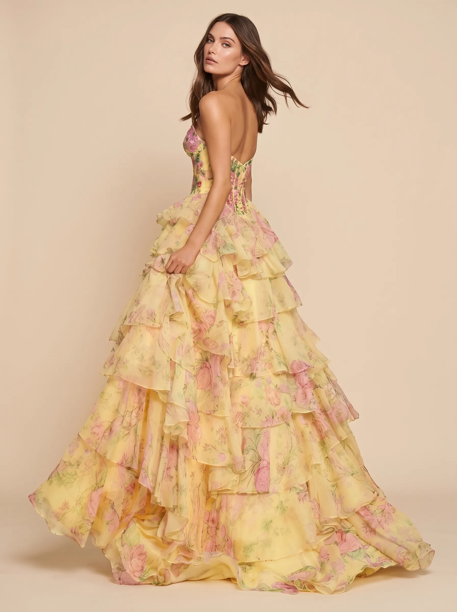 Light Yellow Floral Embroidered Strapless Corset Tiered Ruffle High-Low Prom Dress CLP7001