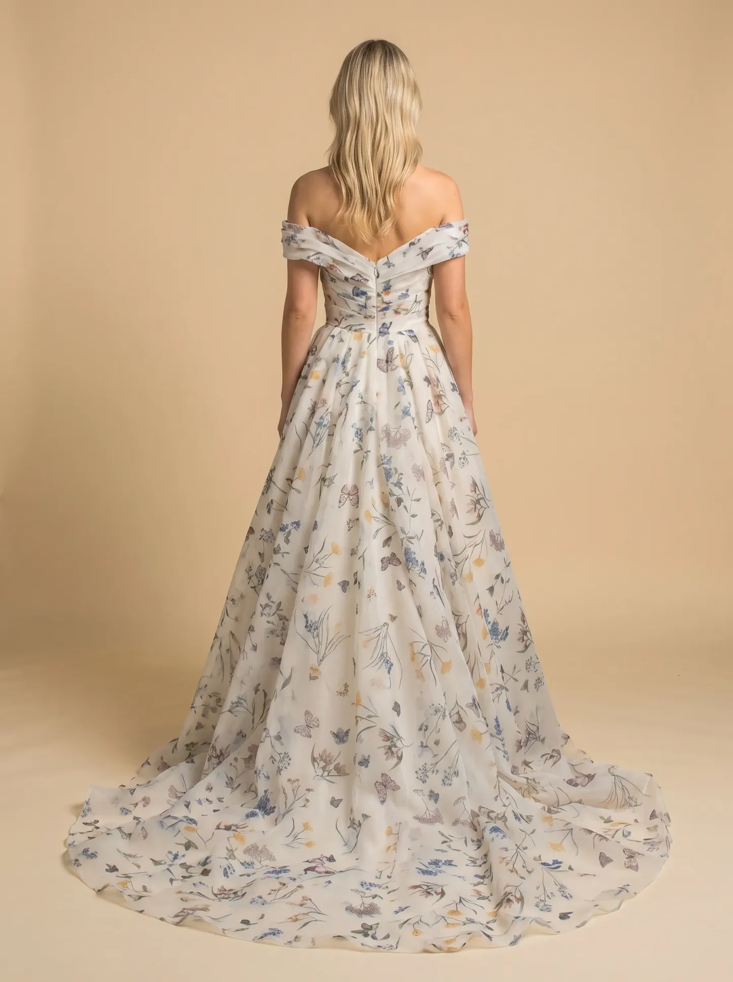 Ivory Butterfly & Floral Print Off-Shoulder Draped A-Line Evening Gown with Train CLP7006