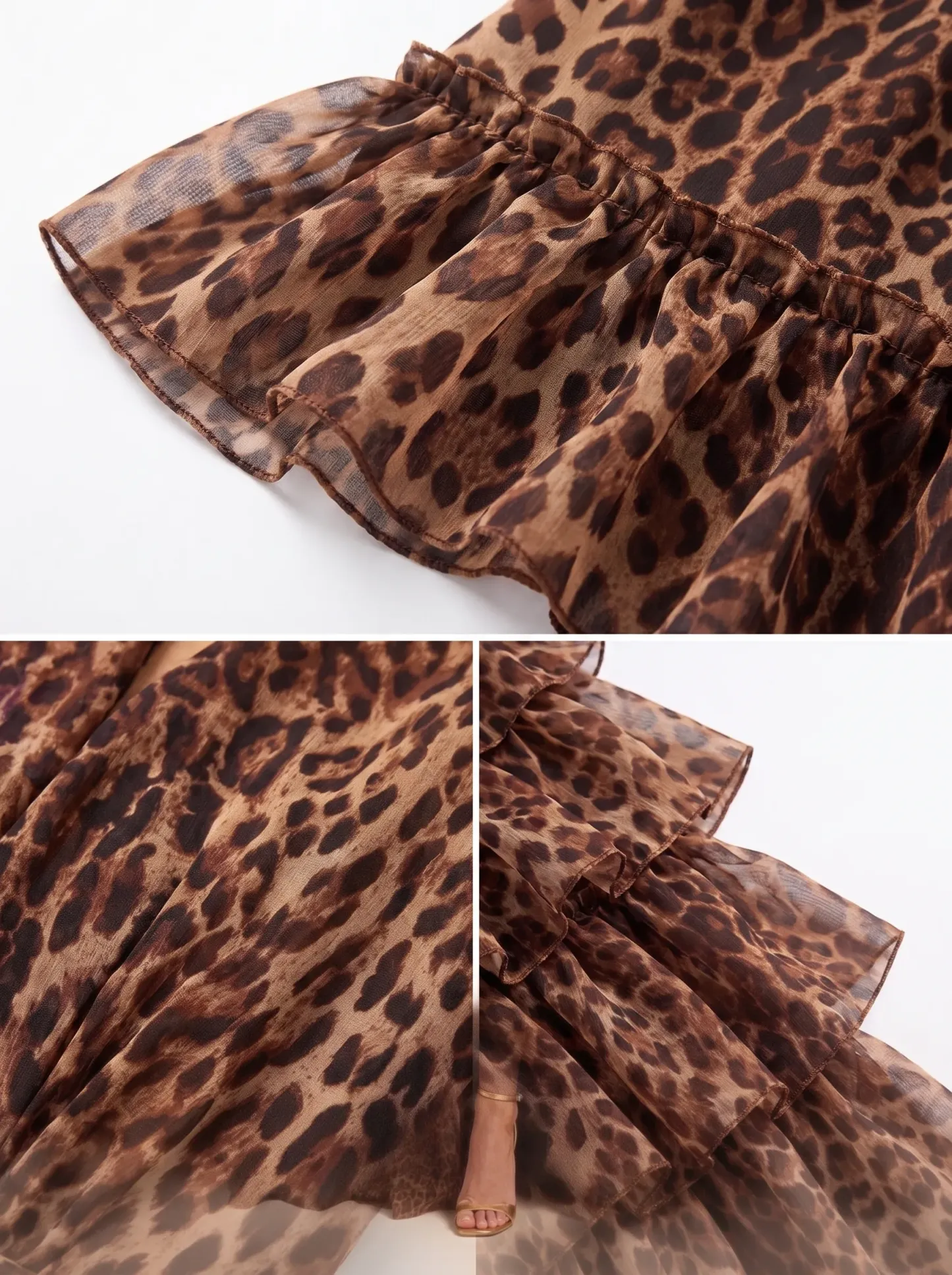 Leopard Print Halter Deep V-Neck Backless Tiered Ruffle Evening Dress with High Slit CLP7002