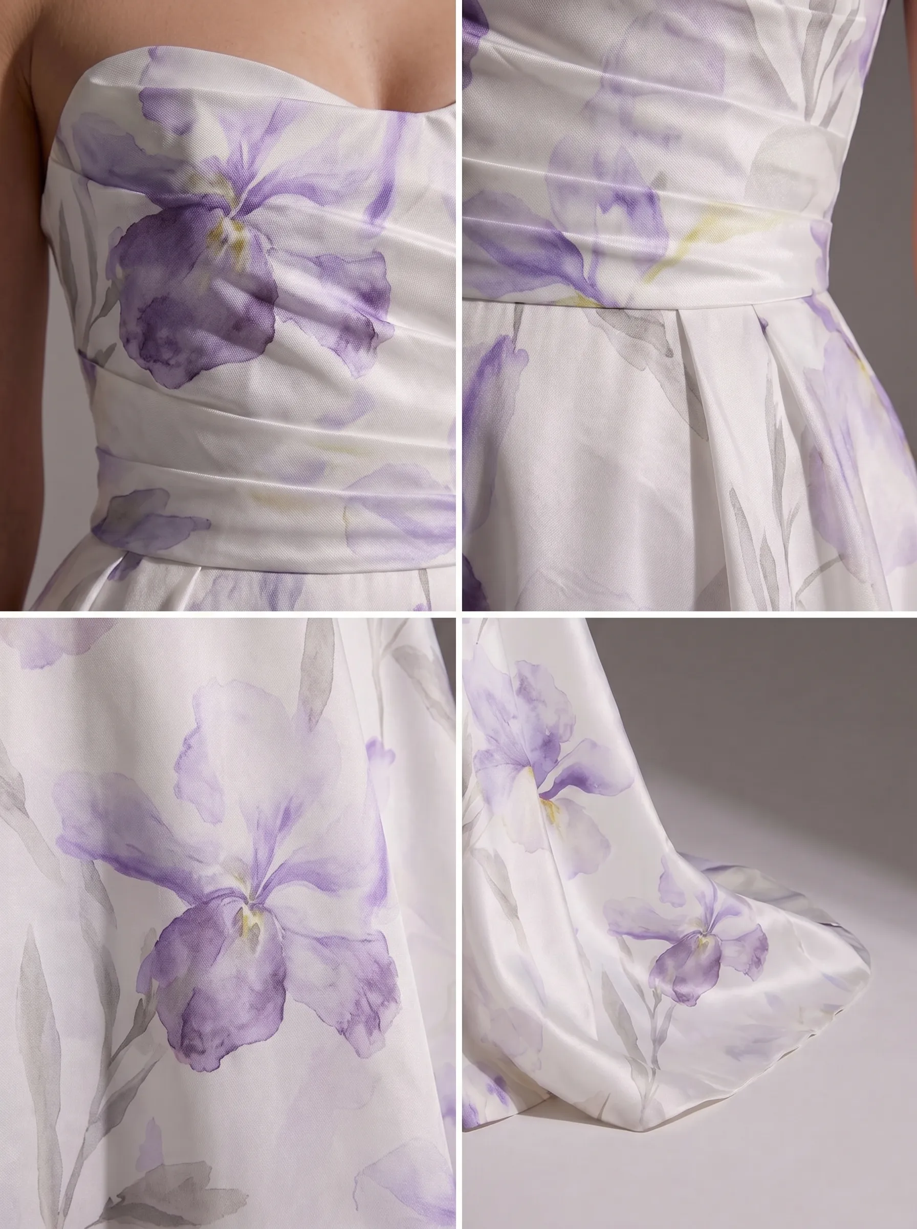 White Satin Purple Iris Print Strapless Sweetheart Pleated A-Line Prom Dress with Slit CLP7009