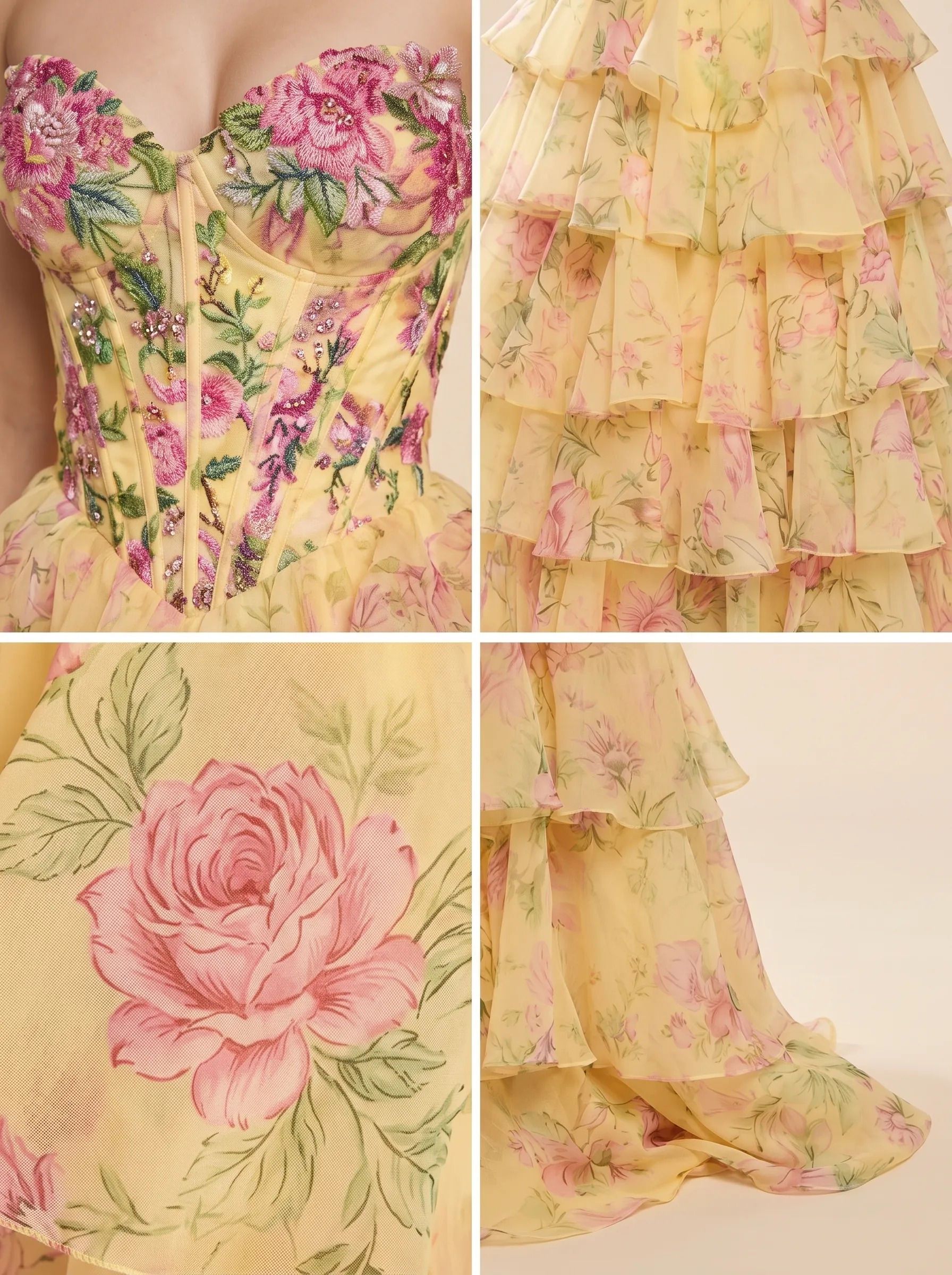 Light Yellow Floral Embroidered Strapless Corset Tiered Ruffle High-Low Prom Dress CLP7001