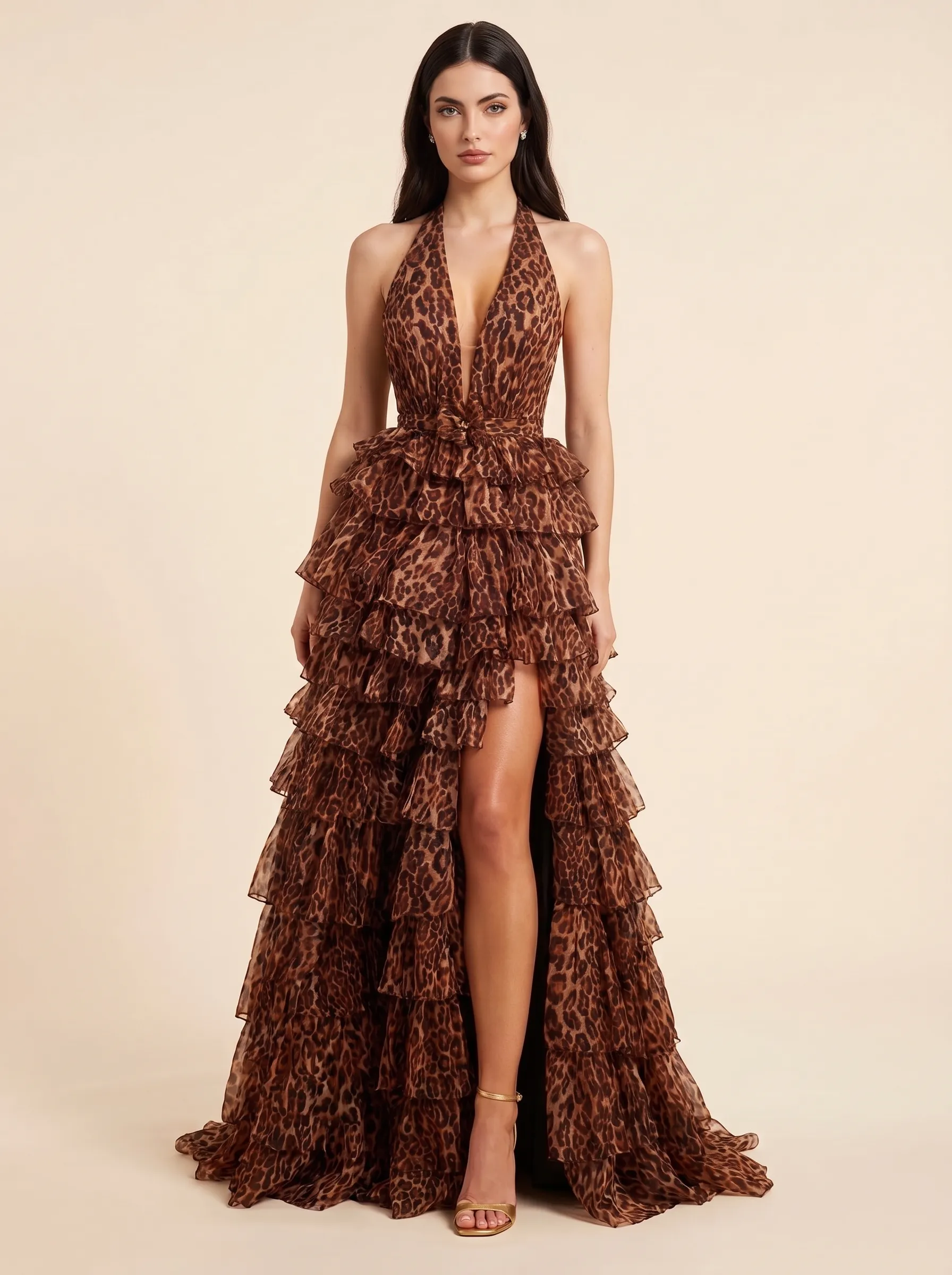 Leopard Print Halter Deep V-Neck Backless Tiered Ruffle Evening Dress with High Slit CLP7002