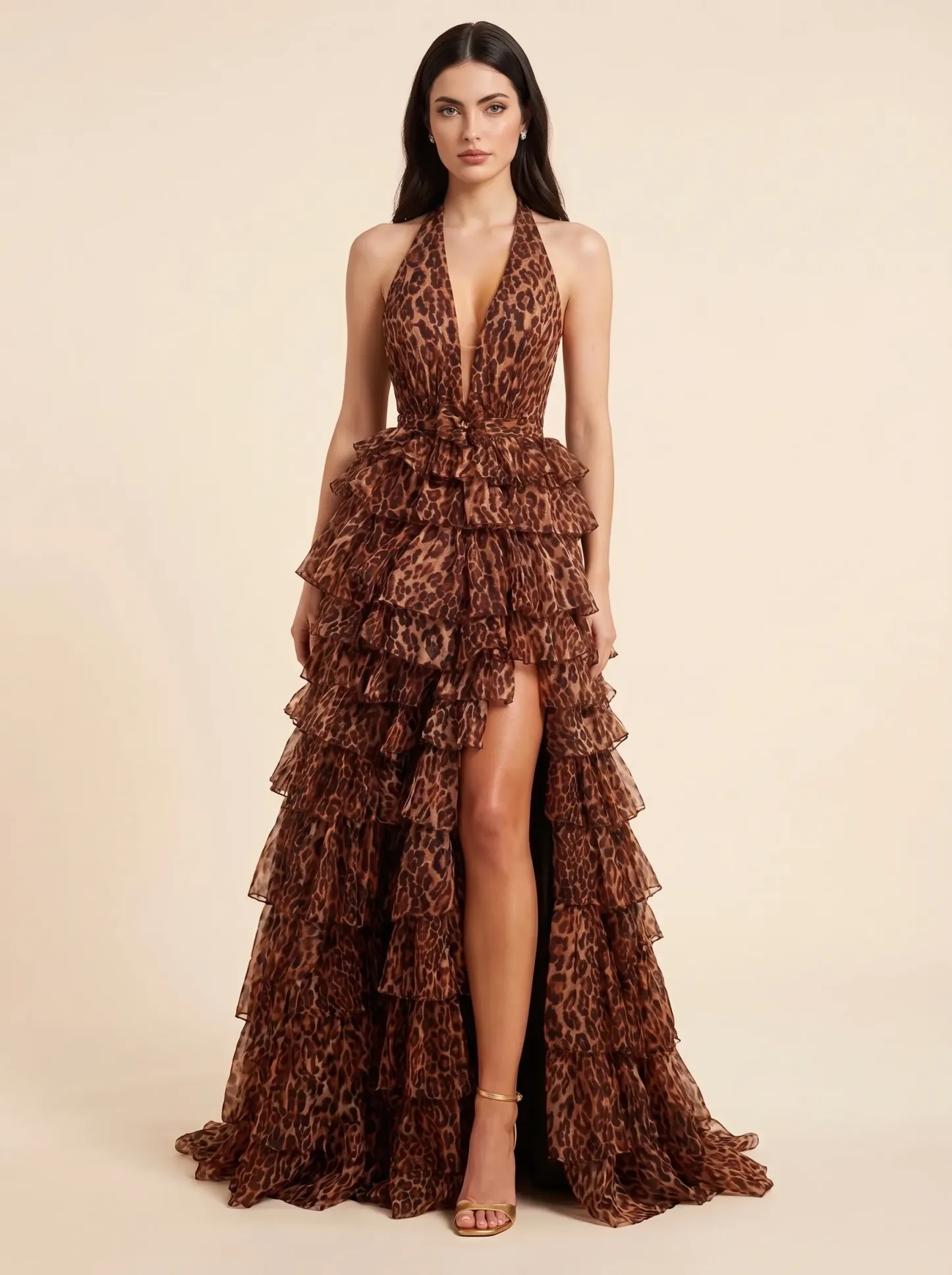 Leopard Print Halter Deep V-Neck Backless Tiered Ruffle Evening Dress with High Slit CLP7002