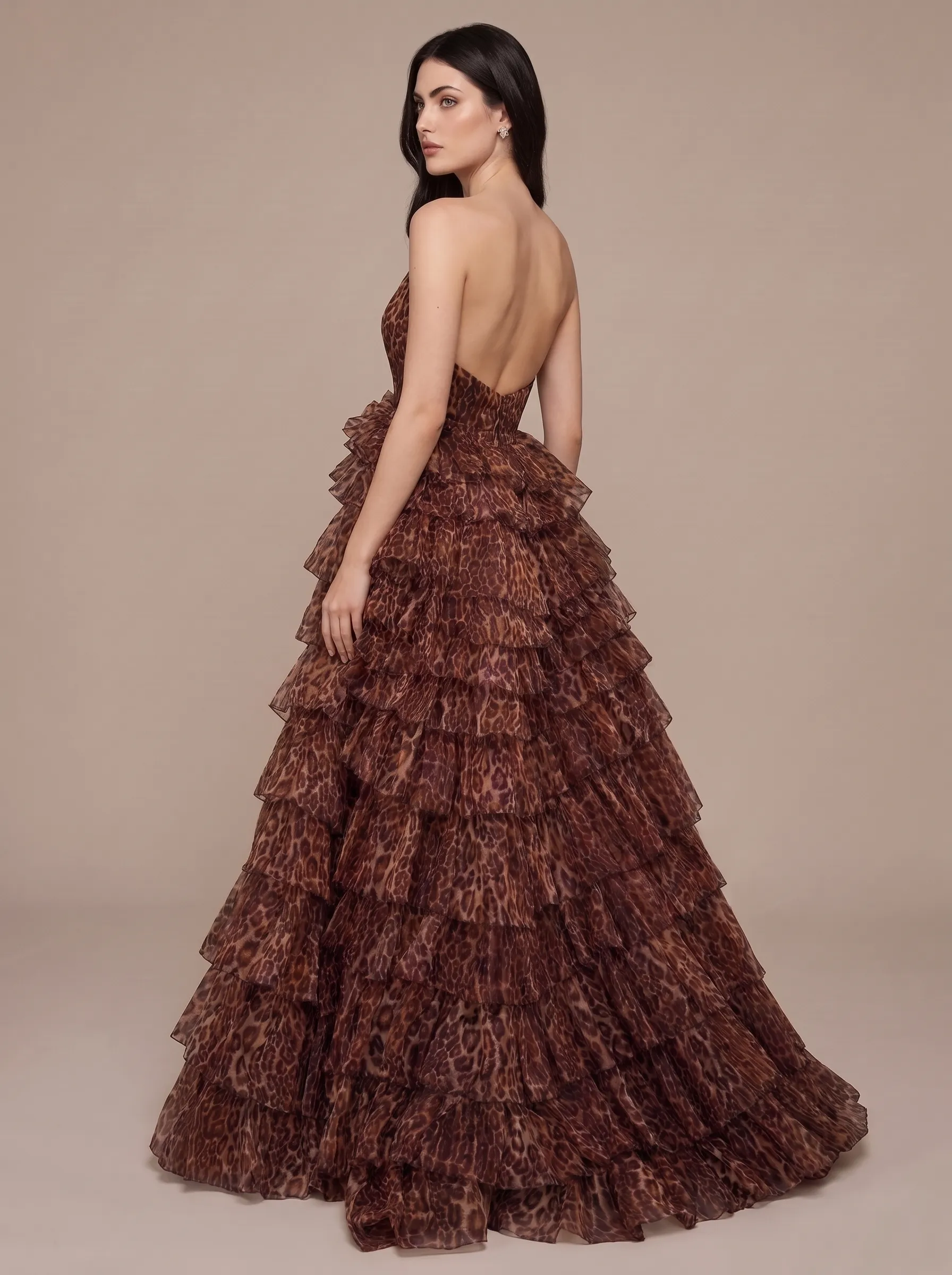 Leopard Print Halter Deep V-Neck Backless Tiered Ruffle Evening Dress with High Slit CLP7002