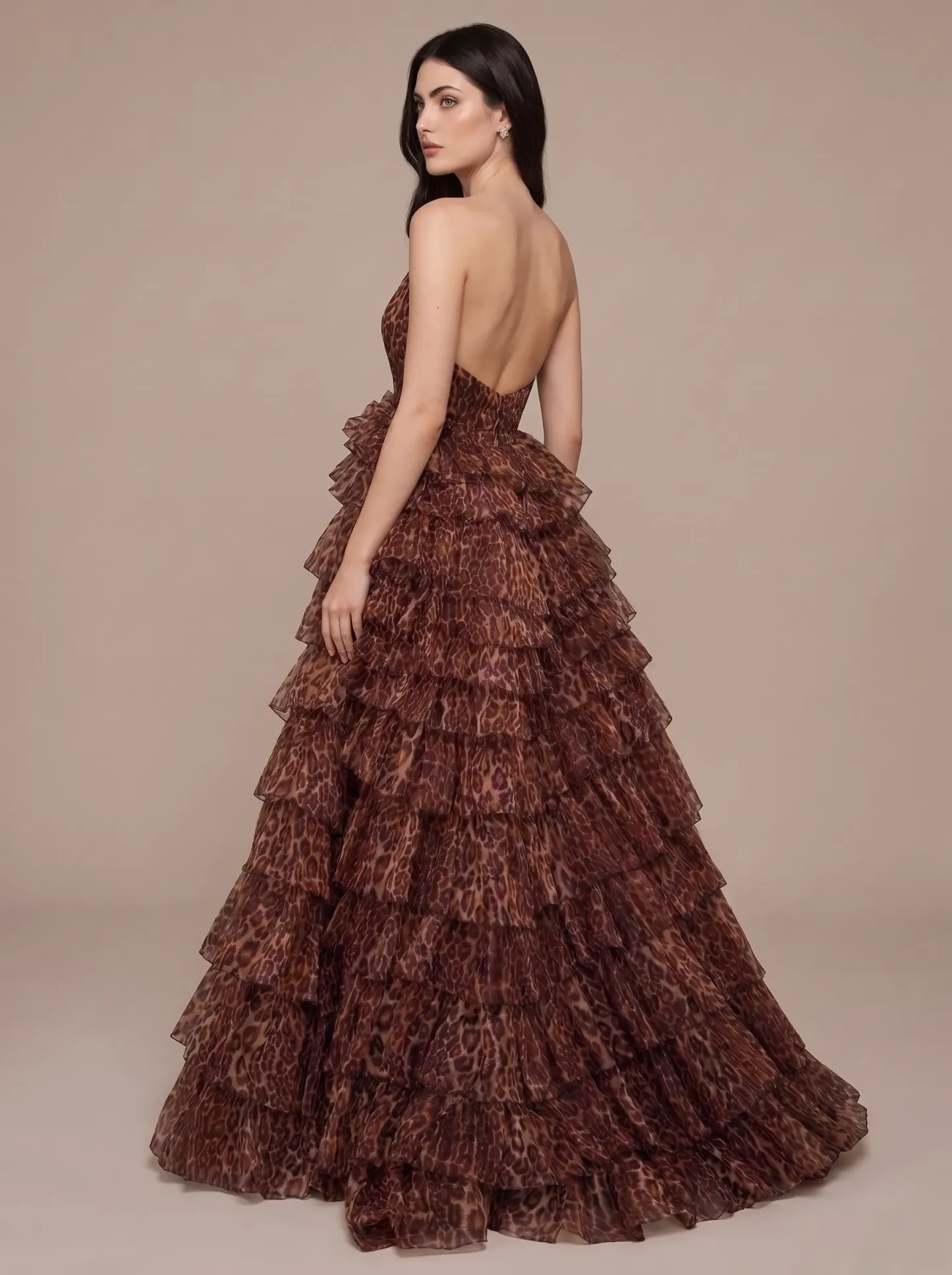 Leopard Print Halter Deep V-Neck Backless Tiered Ruffle Evening Dress with High Slit CLP7002