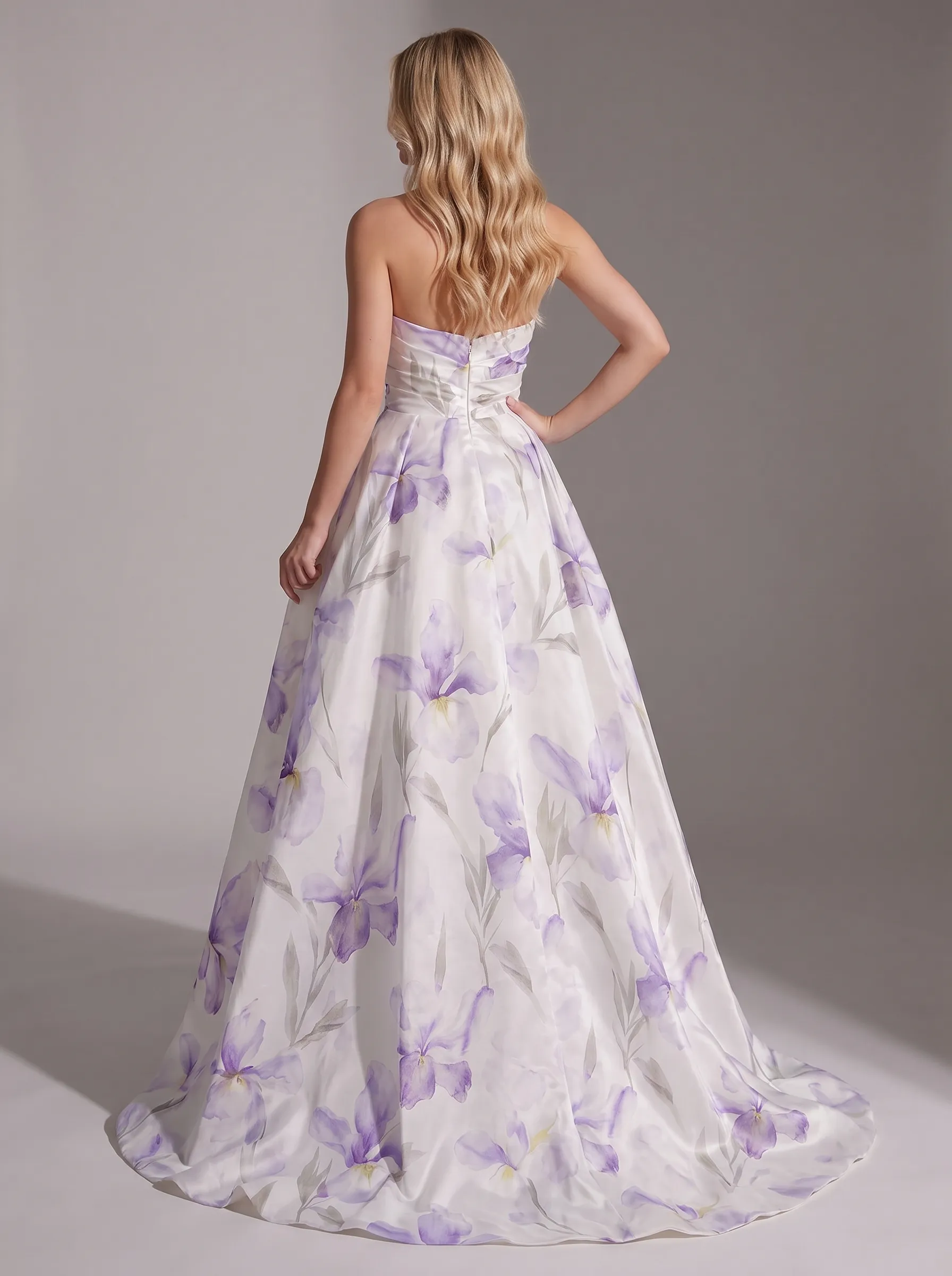 White Satin Purple Iris Print Strapless Sweetheart Pleated A-Line Prom Dress with Slit CLP7009