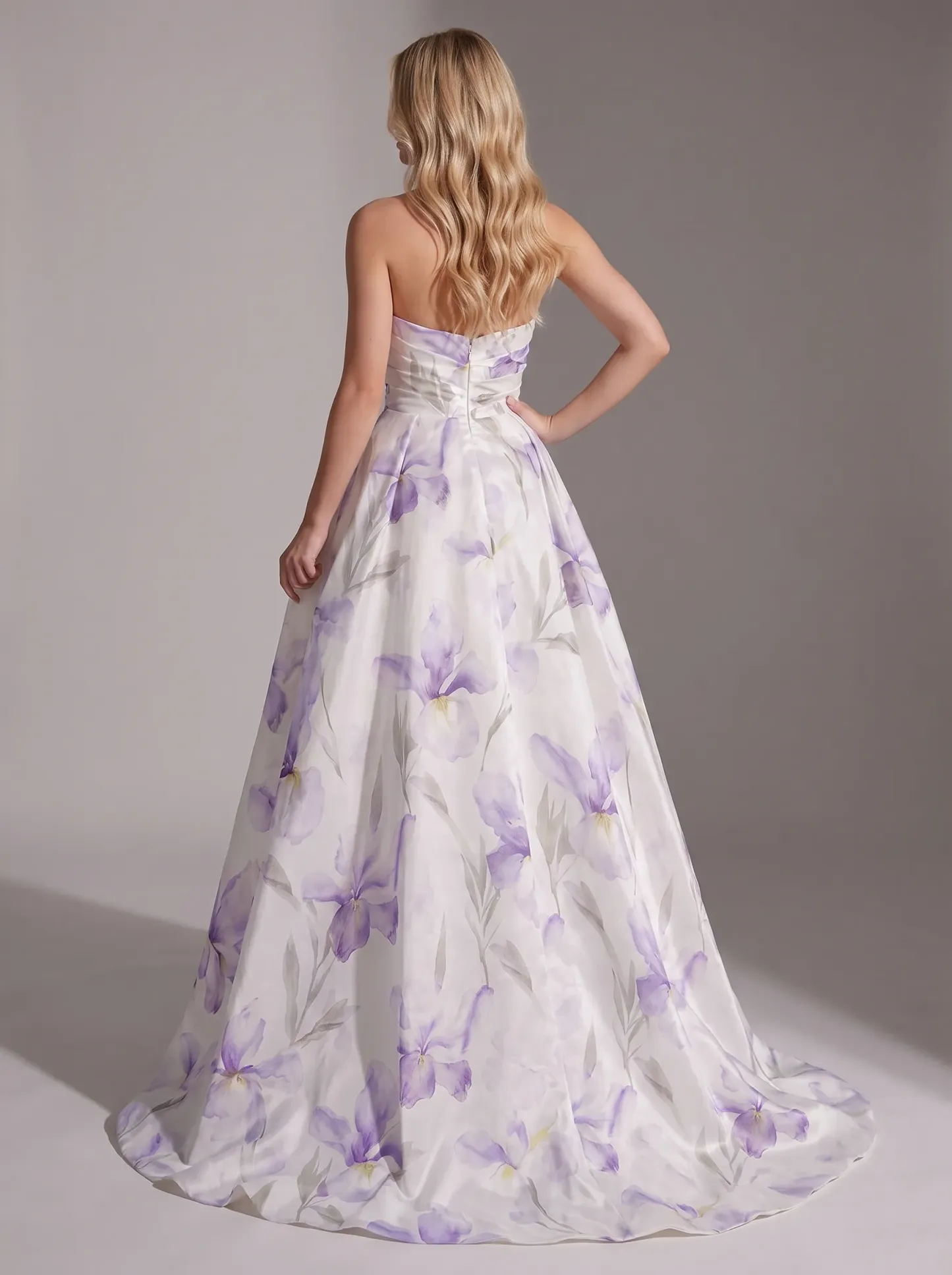 White Satin Purple Iris Print Strapless Sweetheart Pleated A-Line Prom Dress with Slit CLP7009