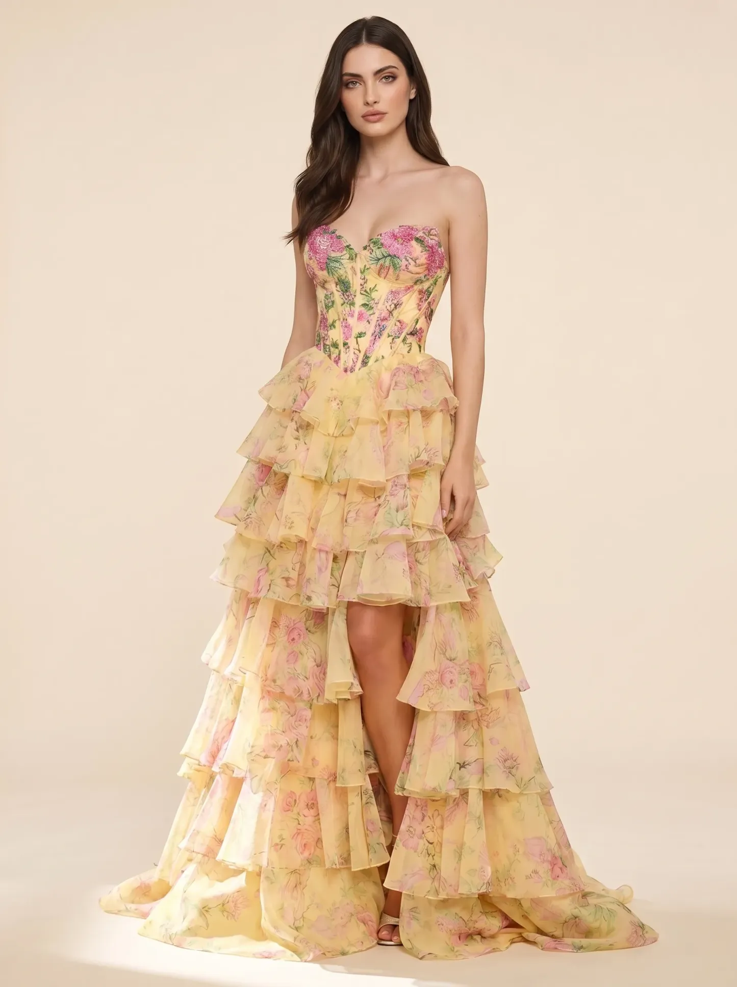 Light Yellow Floral Embroidered Strapless Corset Tiered Ruffle High-Low Prom Dress CLP7001