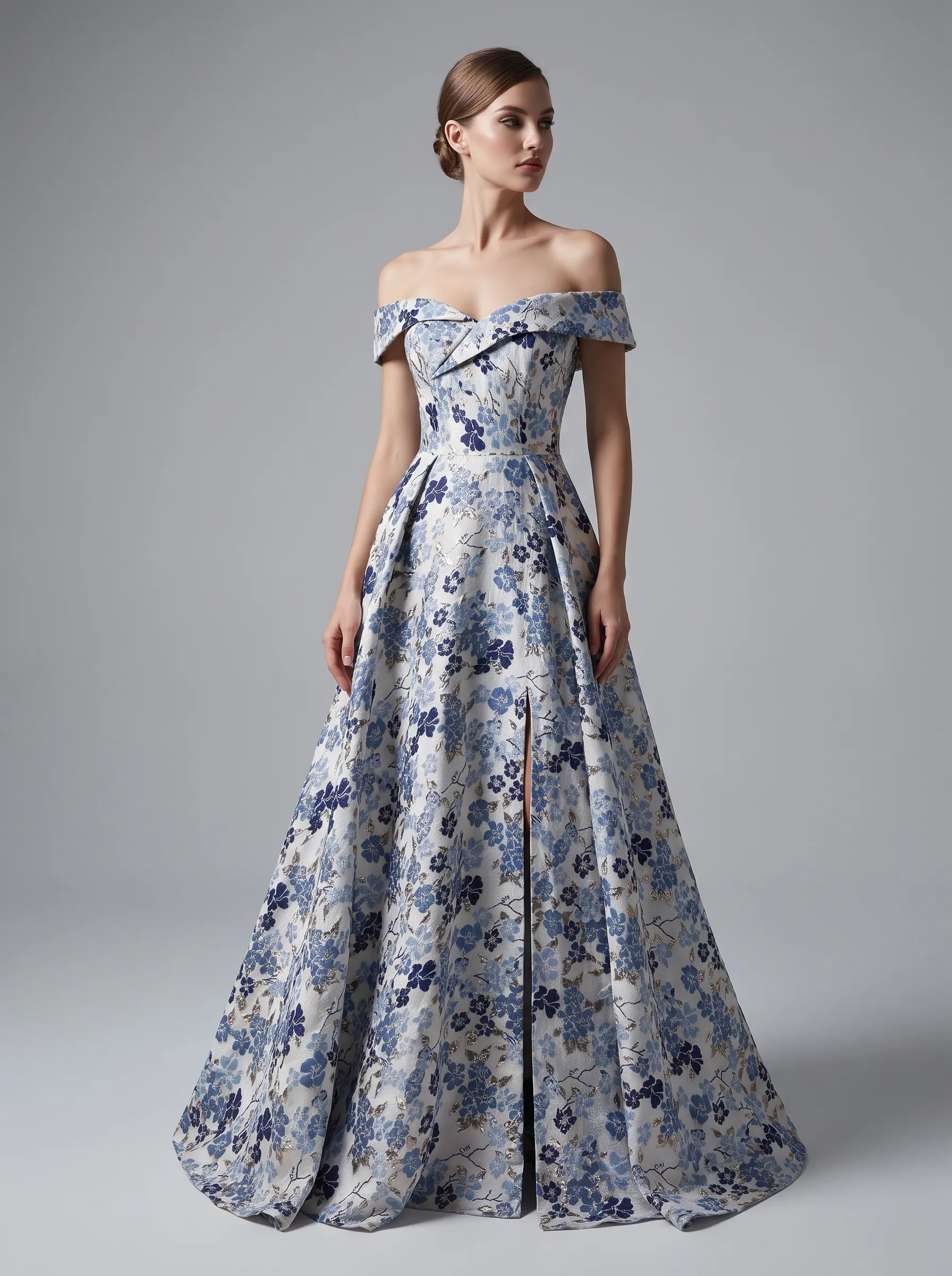 Ivory & Blue Floral Brocade Off-Shoulder Folded Neckline A-Line Evening Gown with Slit CLP7019