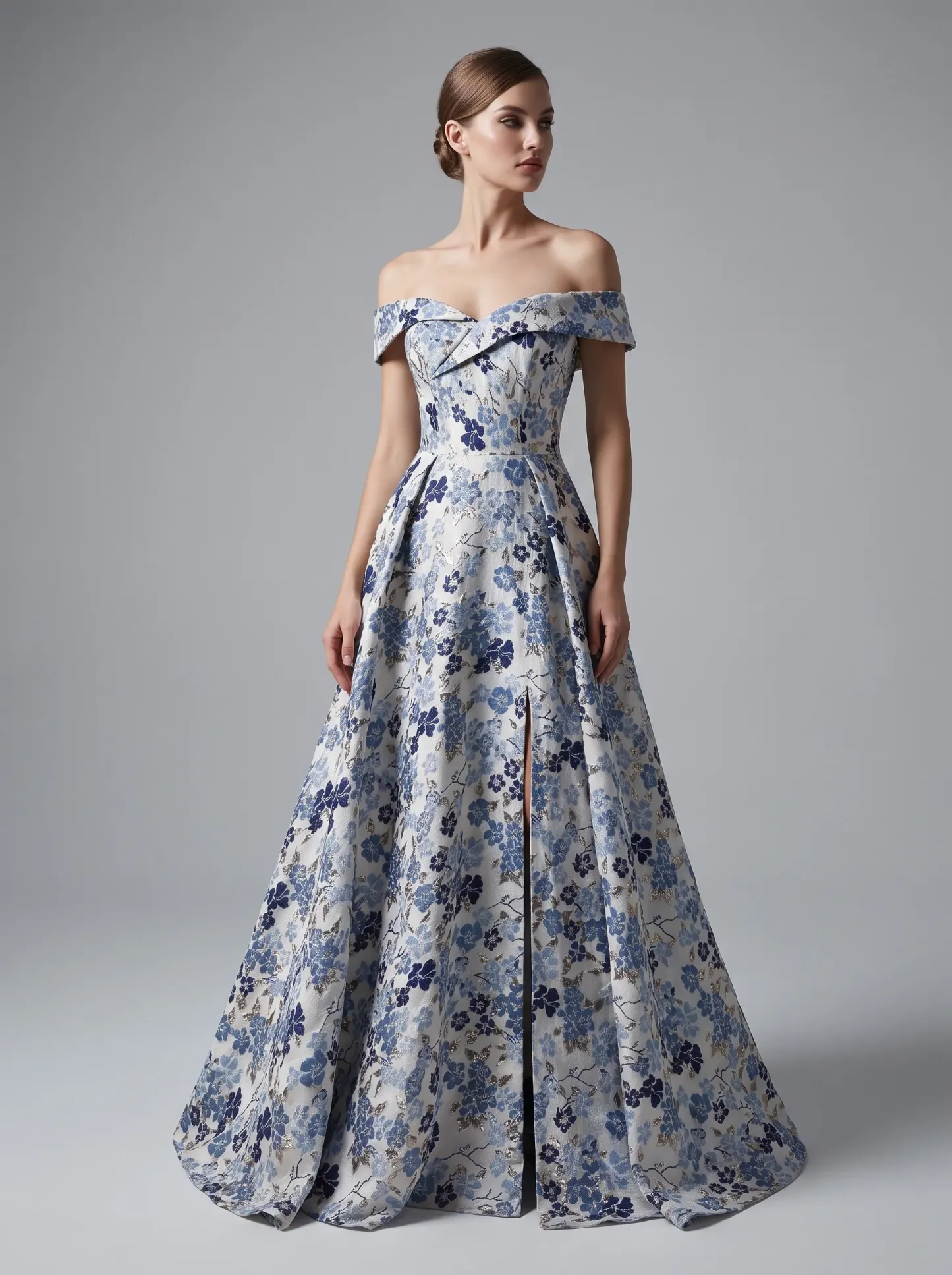 Ivory & Blue Floral Brocade Off-Shoulder Folded Neckline A-Line Evening Gown with Slit CLP7019