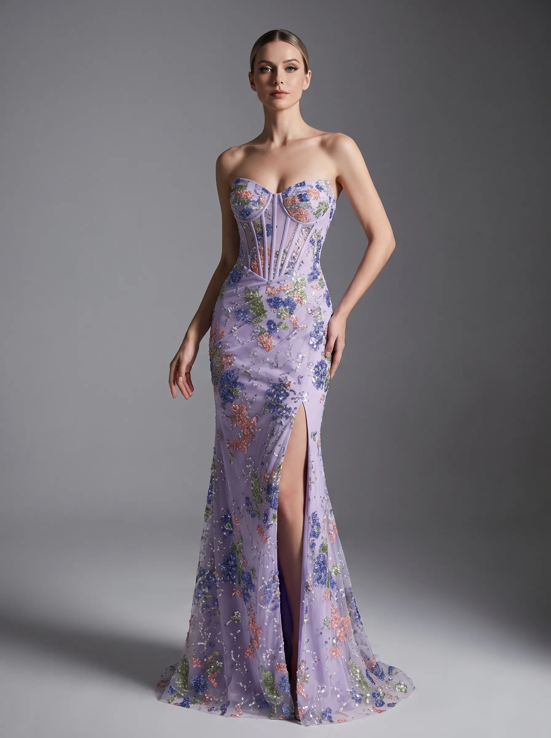 Lavender Floral Embroidered Strapless Sheer Corset Mermaid Evening Gown with Lace-Up Back & Slit CLP7017