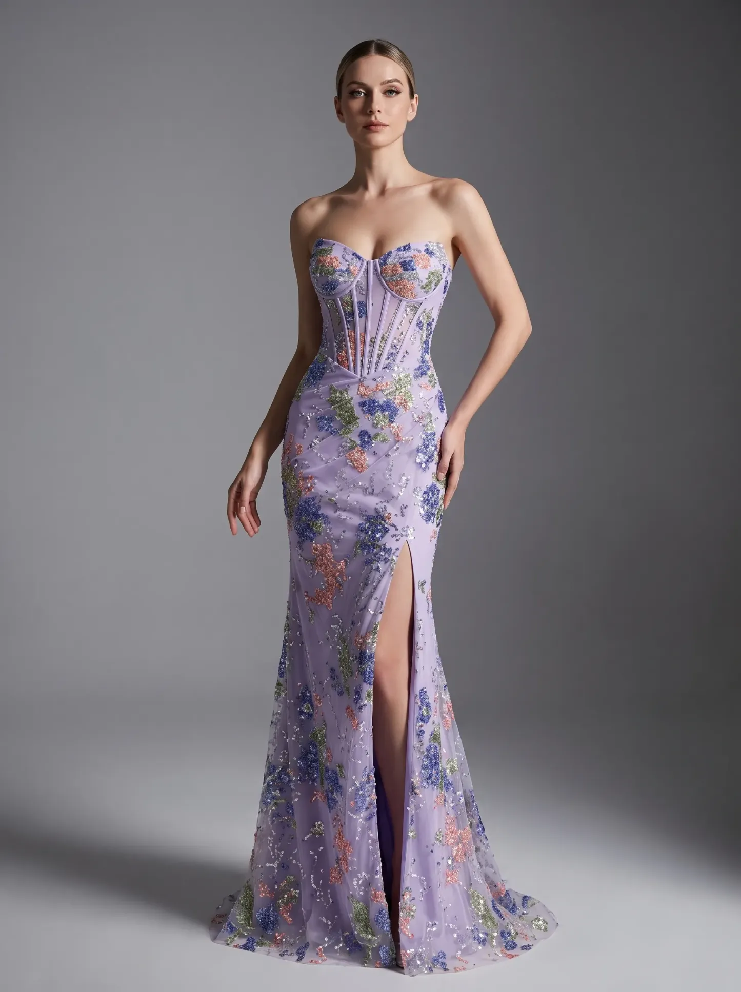 Lavender Floral Embroidered Strapless Sheer Corset Mermaid Evening Gown with Lace-Up Back & Slit CLP7017