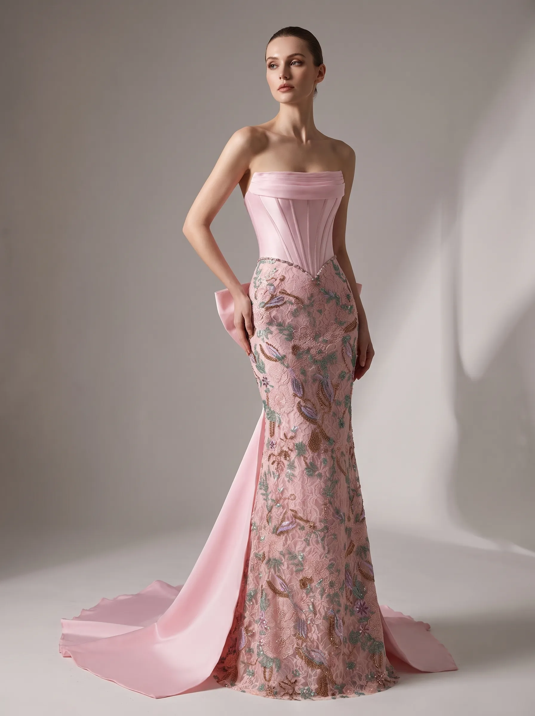 Pink Satin Corset Strapless Beaded Floral Embroidery Mermaid Gown with Back Bow & Train CLP7014