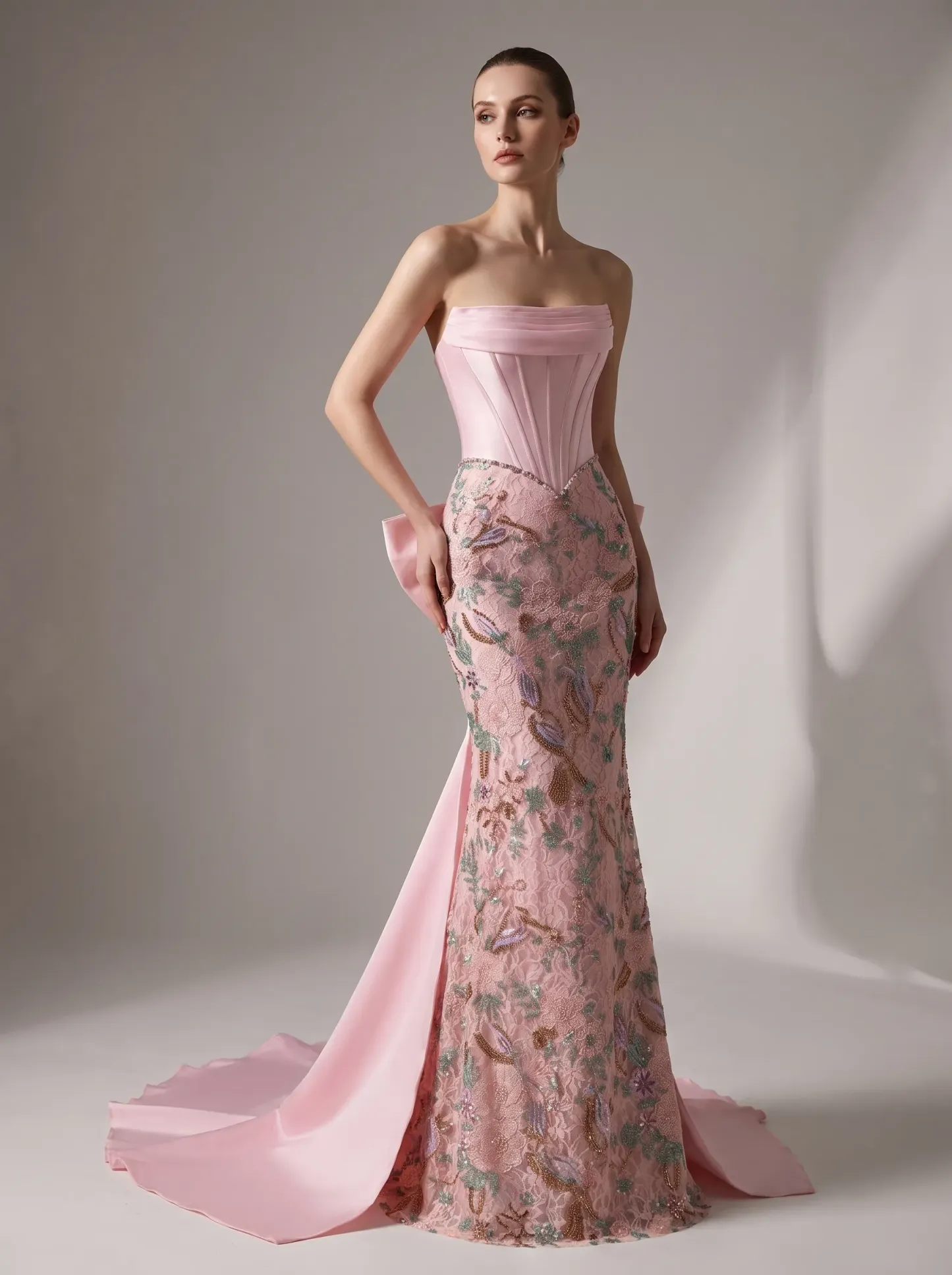 Pink Satin Corset Strapless Beaded Floral Embroidery Mermaid Gown with Back Bow & Train CLP7014