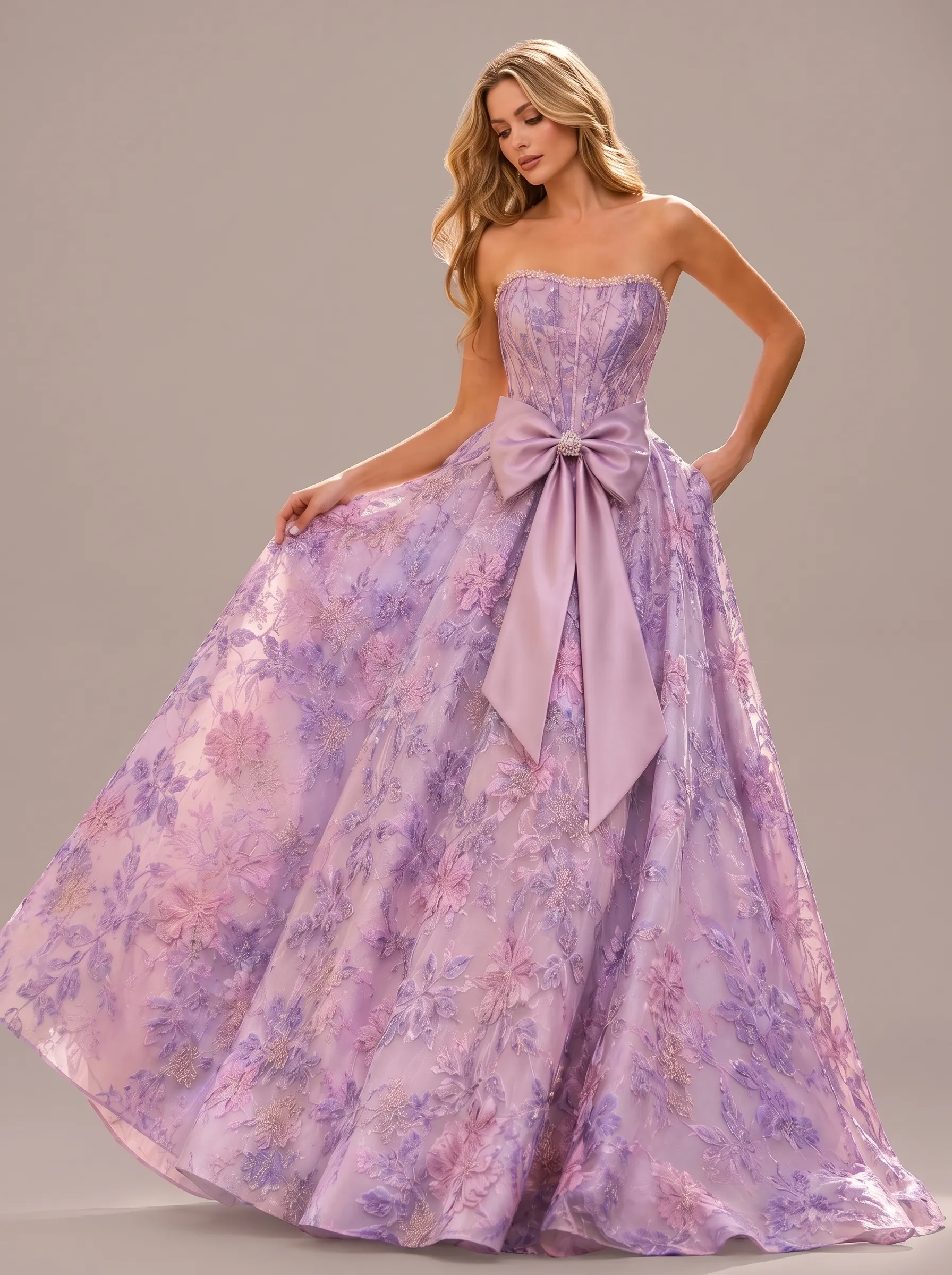 Lavender 3D Floral Embroidered Strapless Pearl Trim Corset Ball Gown with Bow & Pockets CLP7021