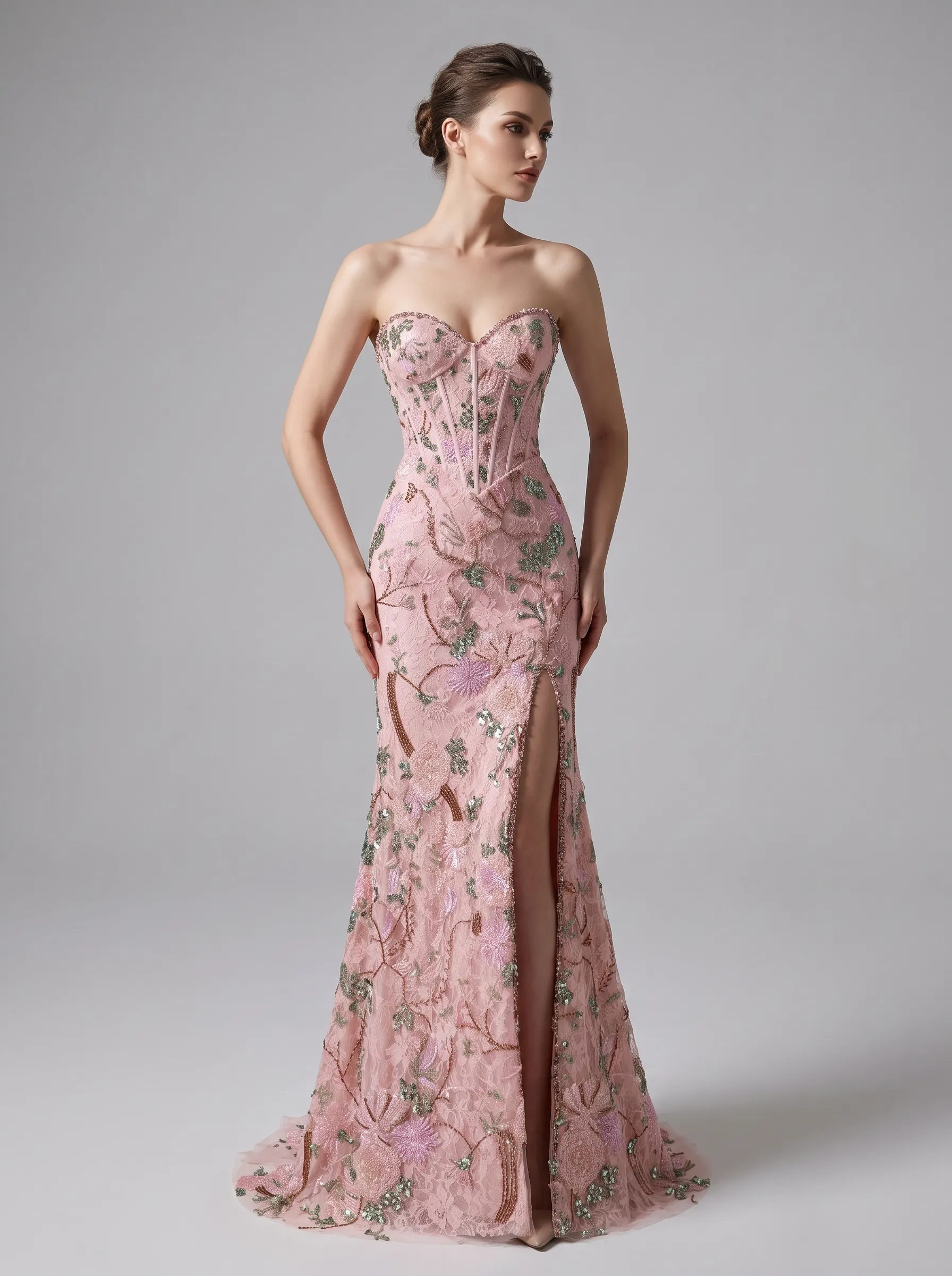 Pink Botanical Beaded Embroidery Strapless Corset Mermaid Evening Gown with High Slit CLP7013