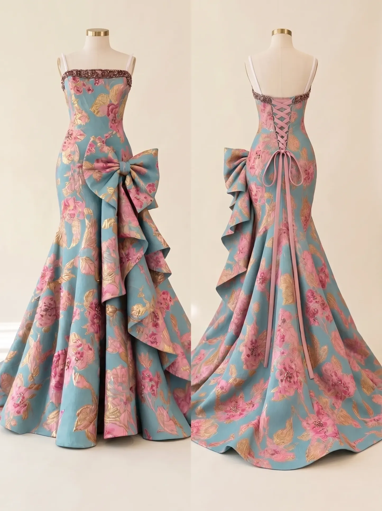 Pale Blue & Pink Floral Jacquard Strapless Mermaid Evening Gown with Bow & Cascading Ruffle CLP7024