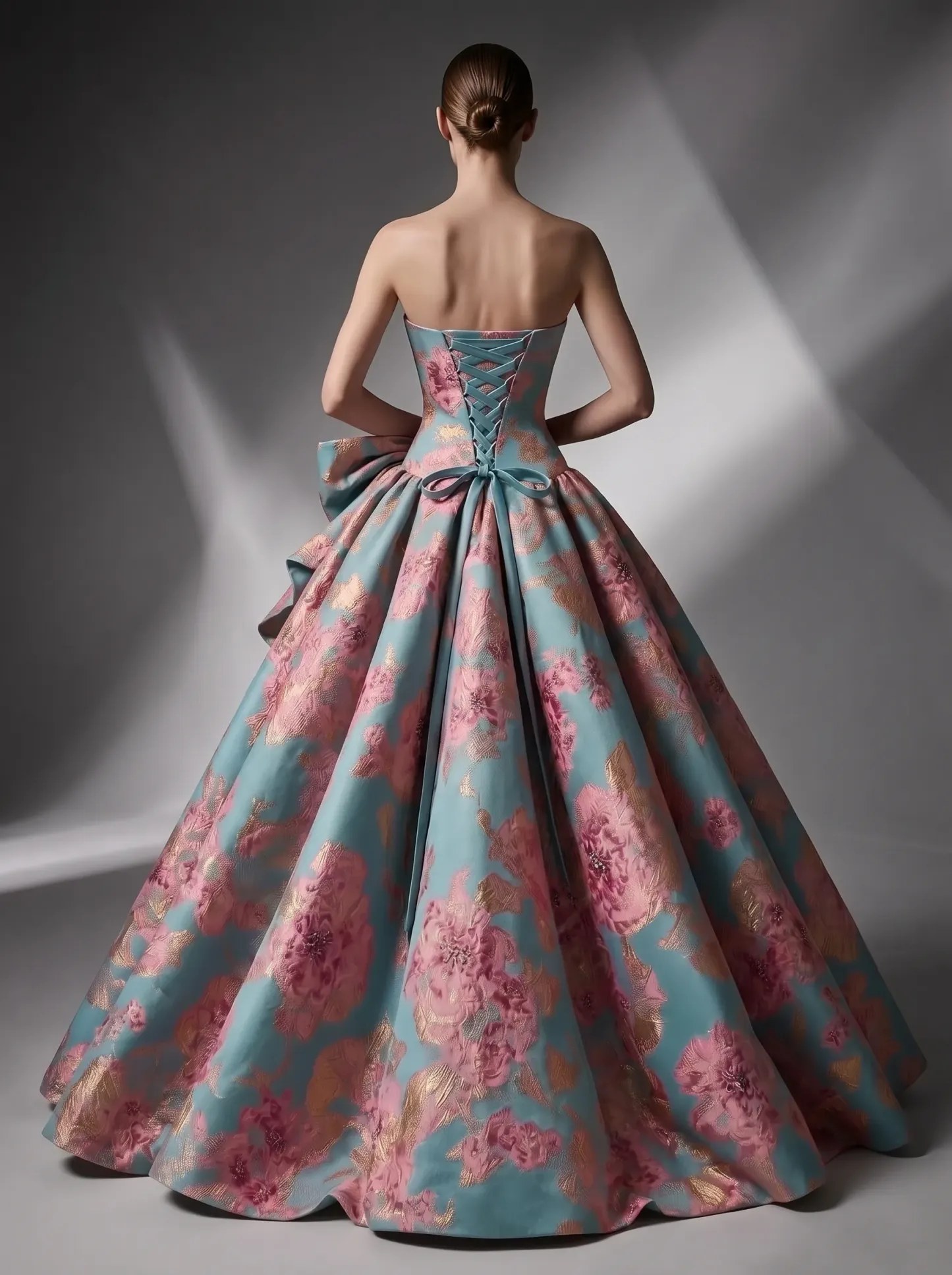 Pale Blue & Pink Floral Jacquard Strapless Ball Gown with Rhinestone Trim, Bow & Lace-Up Back CLP7025